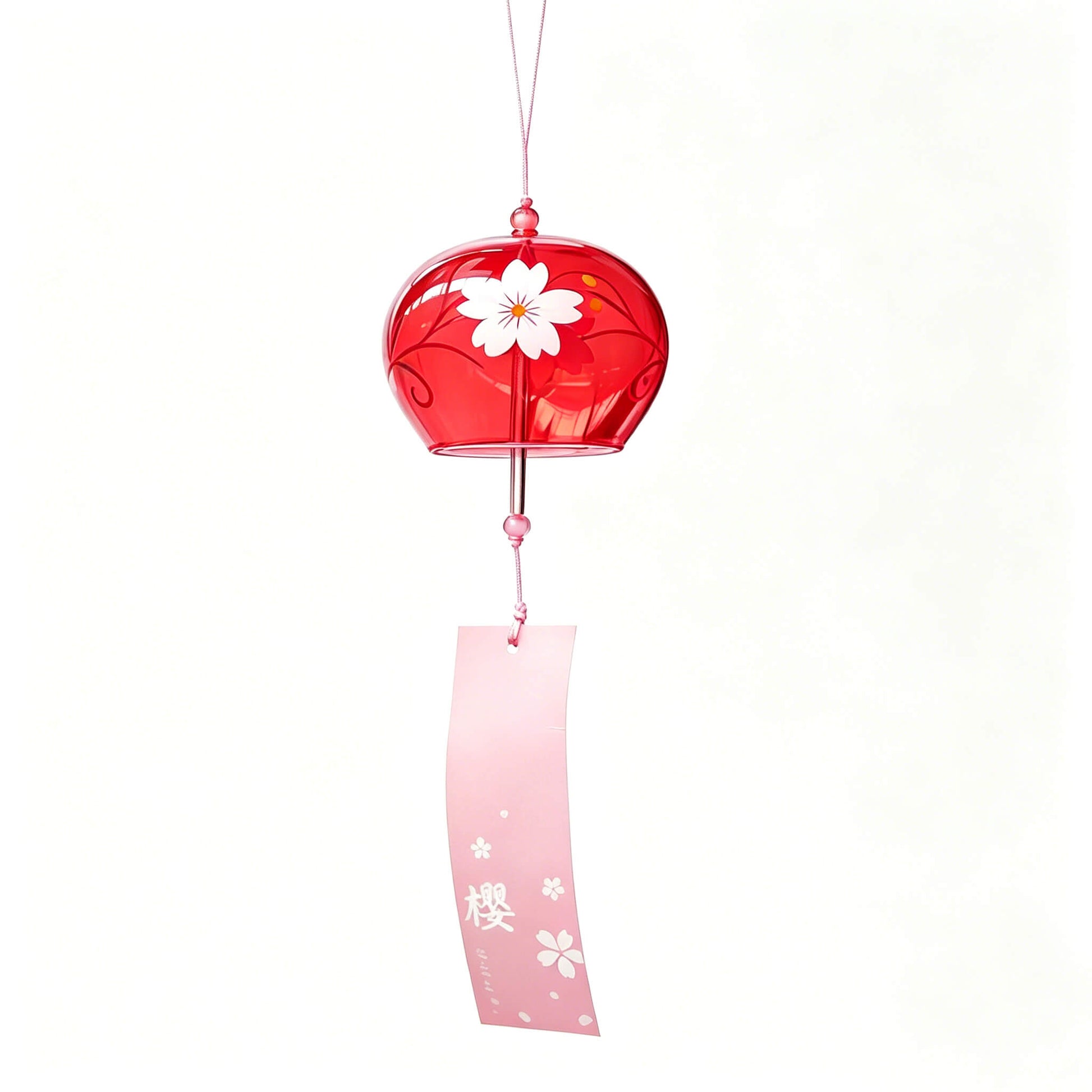 Main product shot of Acever Japanese furin glass wind chime X38 on cream background showing deep ruby crimson tinted globe with white sakura blossom, red cord with red bead, and pink gradient sakura paper strip with kanji