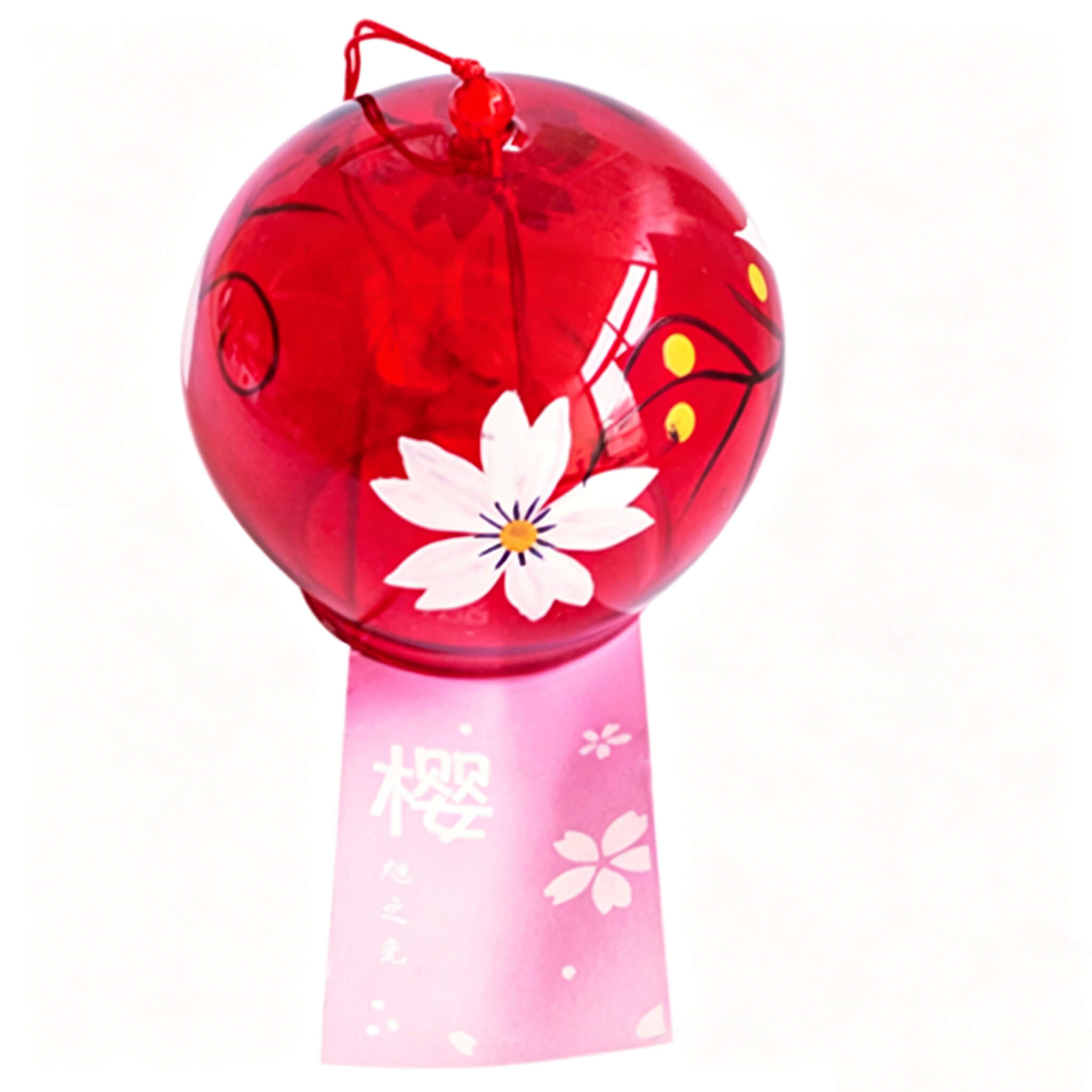 Right view of Acever ruby red sakura glass wind chime X38 on white background showing deep crimson tinted globe with white sakura bloom, navy vine scrolls, gold dot accents, and pink sakura paper strip