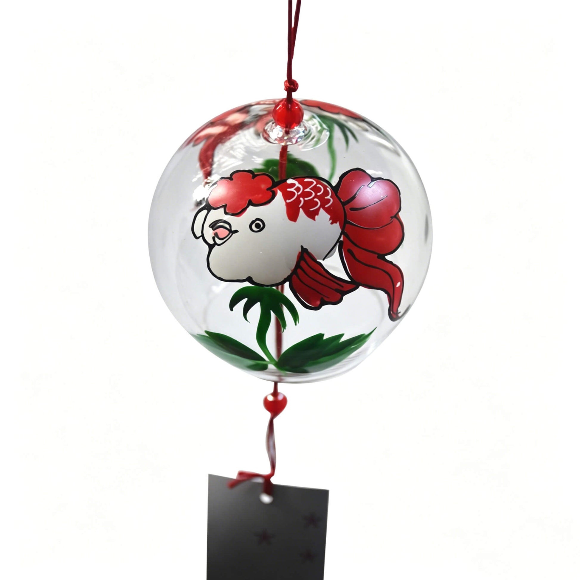 Main front view of Acever goldfish glass wind chime X39 on white background showing clear ribbed globe with red and white kingyo goldfish, green lotus leaves, red cord with red bead, and white-to-green Edo Minyo paper strip