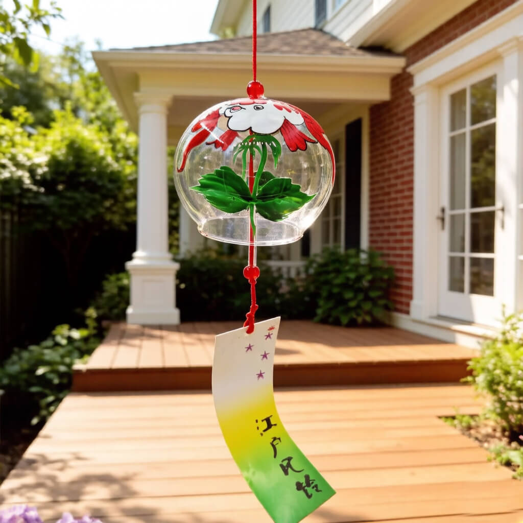 Acever goldfish glass wind chime X39 hanging from American suburban front porch in summer showing clear ribbed globe with red and white kingyo and white-to-green Edo Minyo paper strip