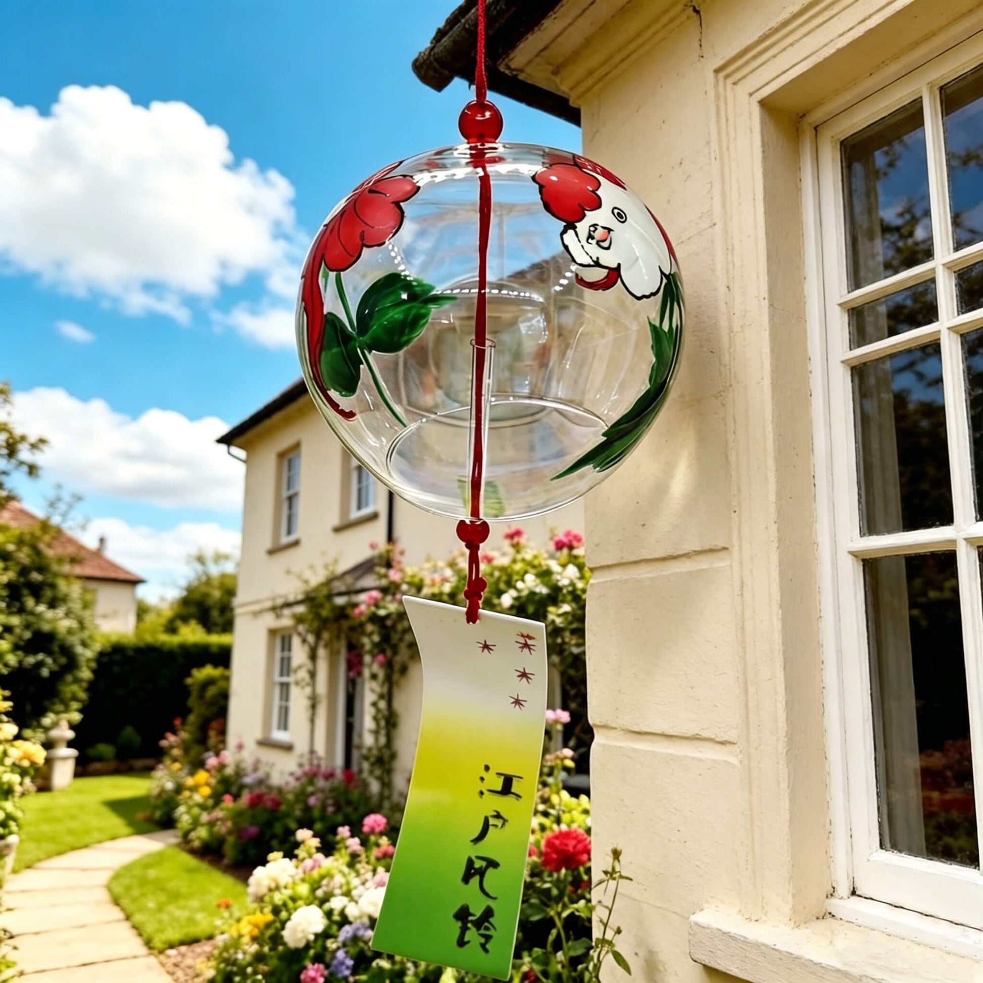 Acever goldfish glass wind chime X39 hanging from English cottage eave against blue sky with garden roses showing clear ribbed globe with red and white goldfish and white-to-green Edo Minyo paper strip