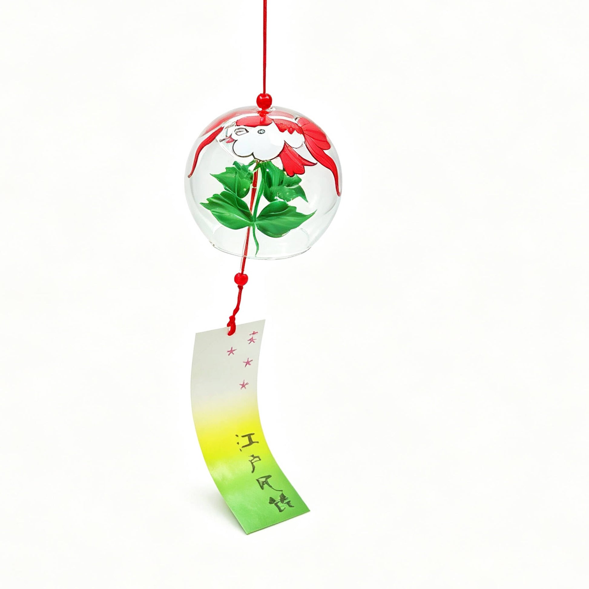 Main product shot of Acever Japanese furin glass wind chime X39 on white background showing clear ribbed globe with two goldfish, red and white kingyo with green lotus leaves, and white-to-green gradient Edo Minyo paper strip