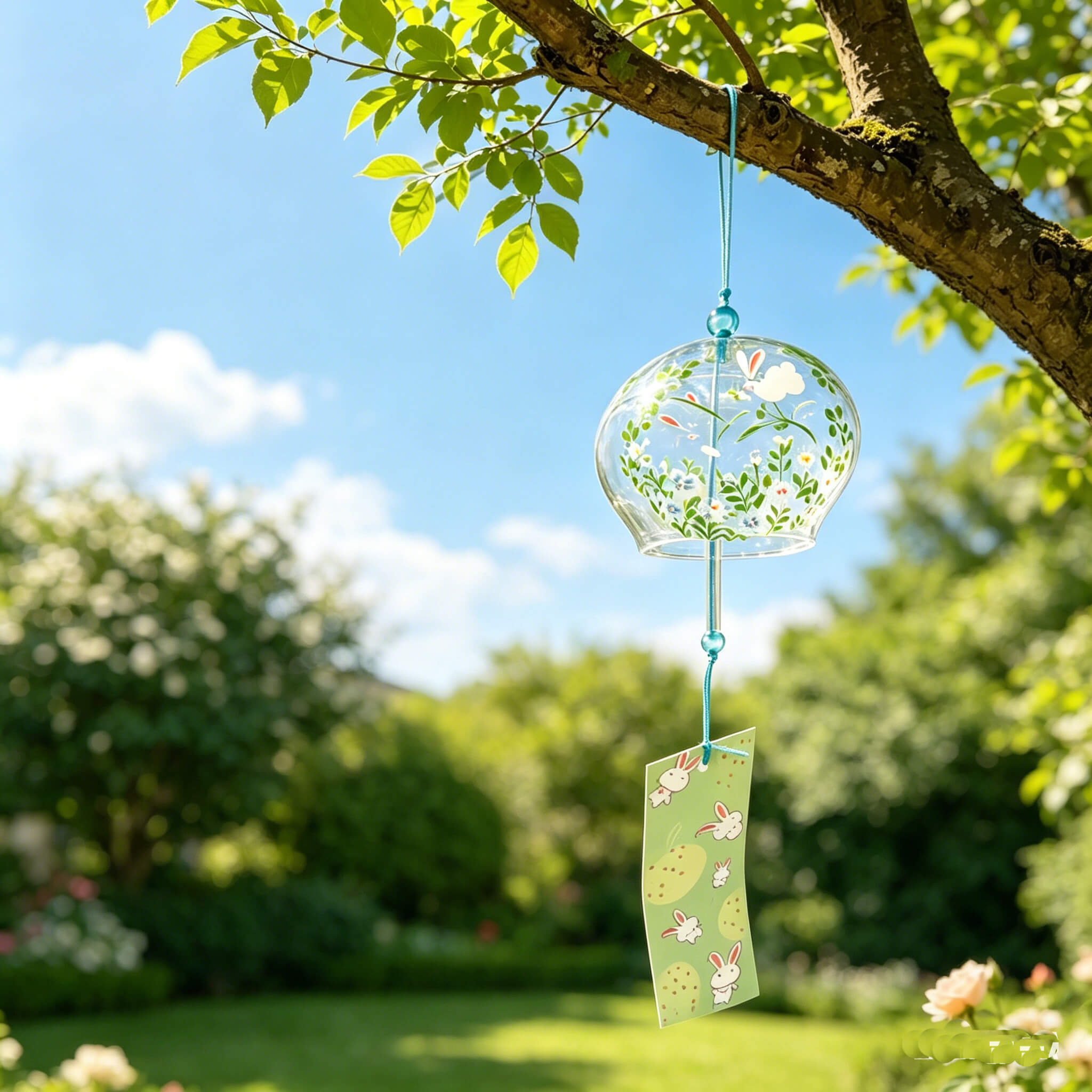 Acever Japanese Furin Glass Wind Chime – White Rabbit & Flower Garden | Edo Style Wind Bell
