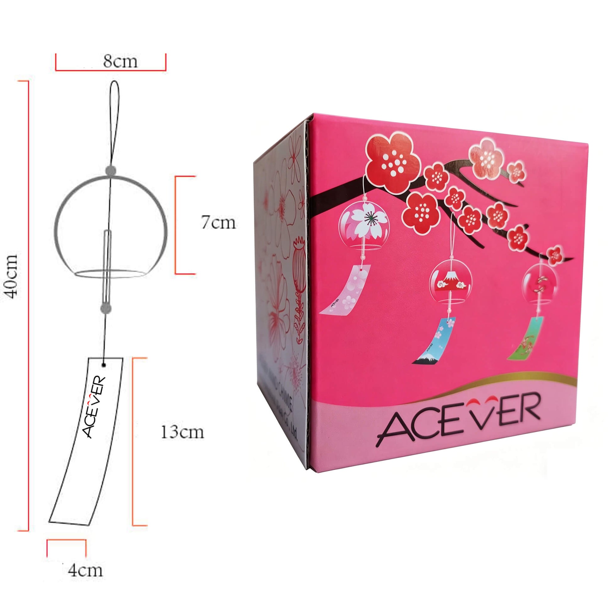Size diagram of Acever glass wind chime showing 8cm width, 7cm globe height, 13cm paper strip, 40cm total length, and Acever gift box