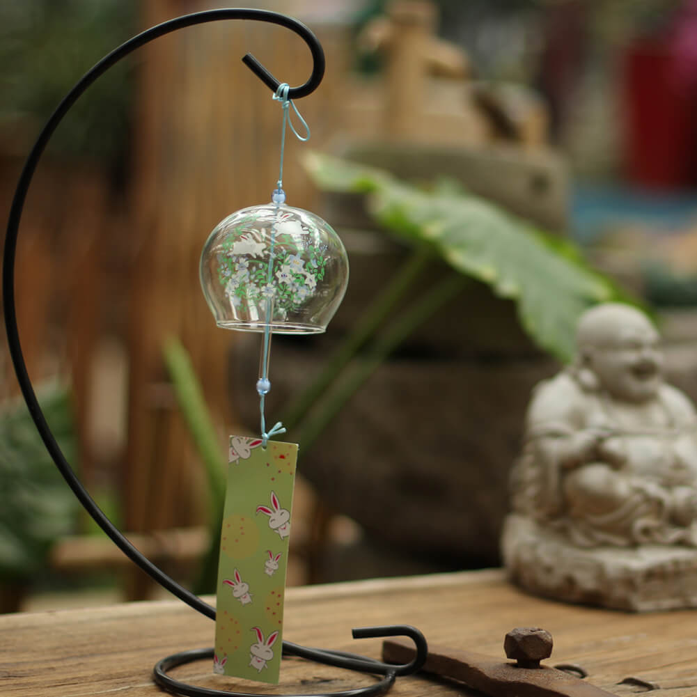 Acever Japanese Furin Glass Wind Chime – White Rabbit & Flower Garden | Edo Style Wind Bell