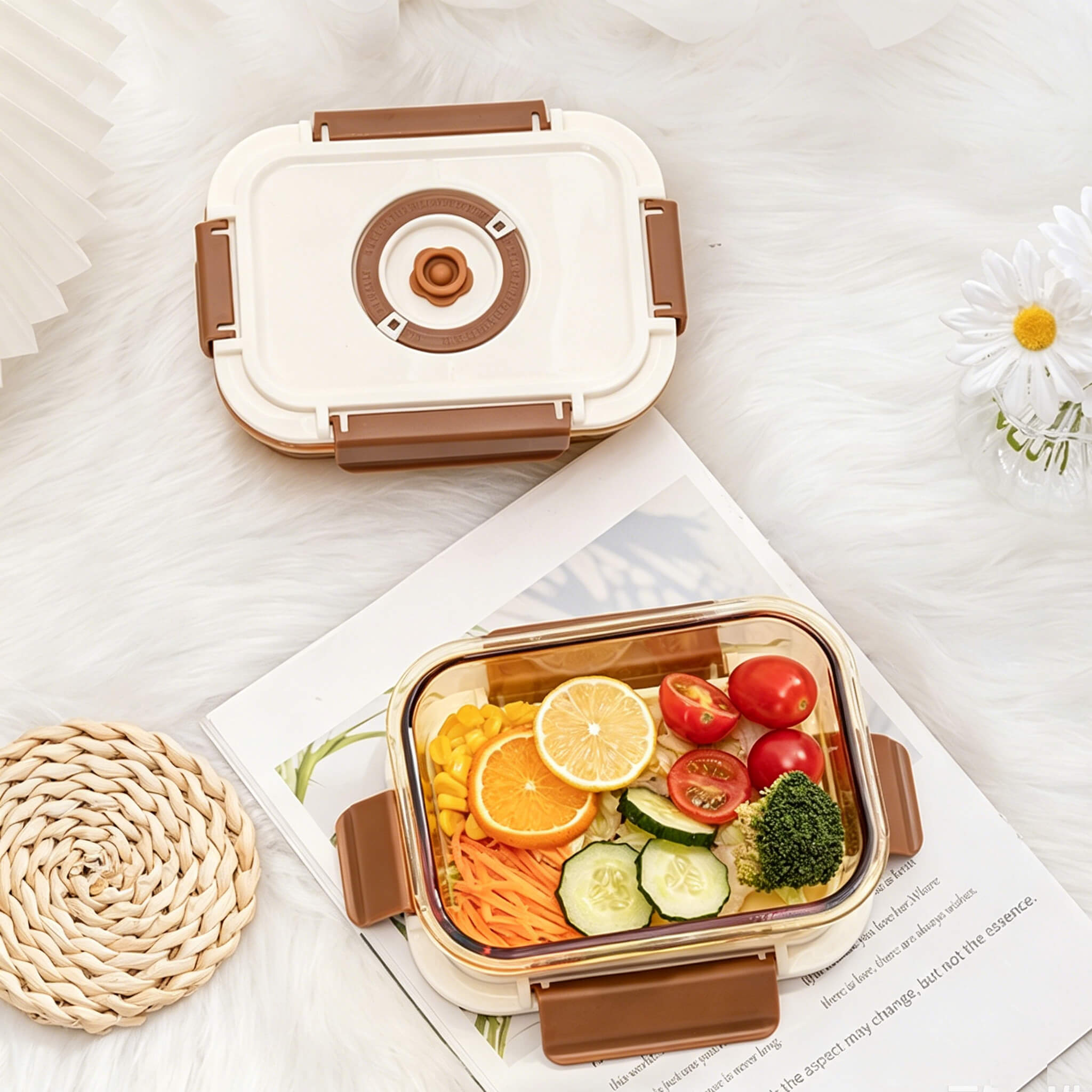 Acever BX02 glass food storage container with airtight lid closed, placed on wooden tray with fresh vegetables visible through amber glass