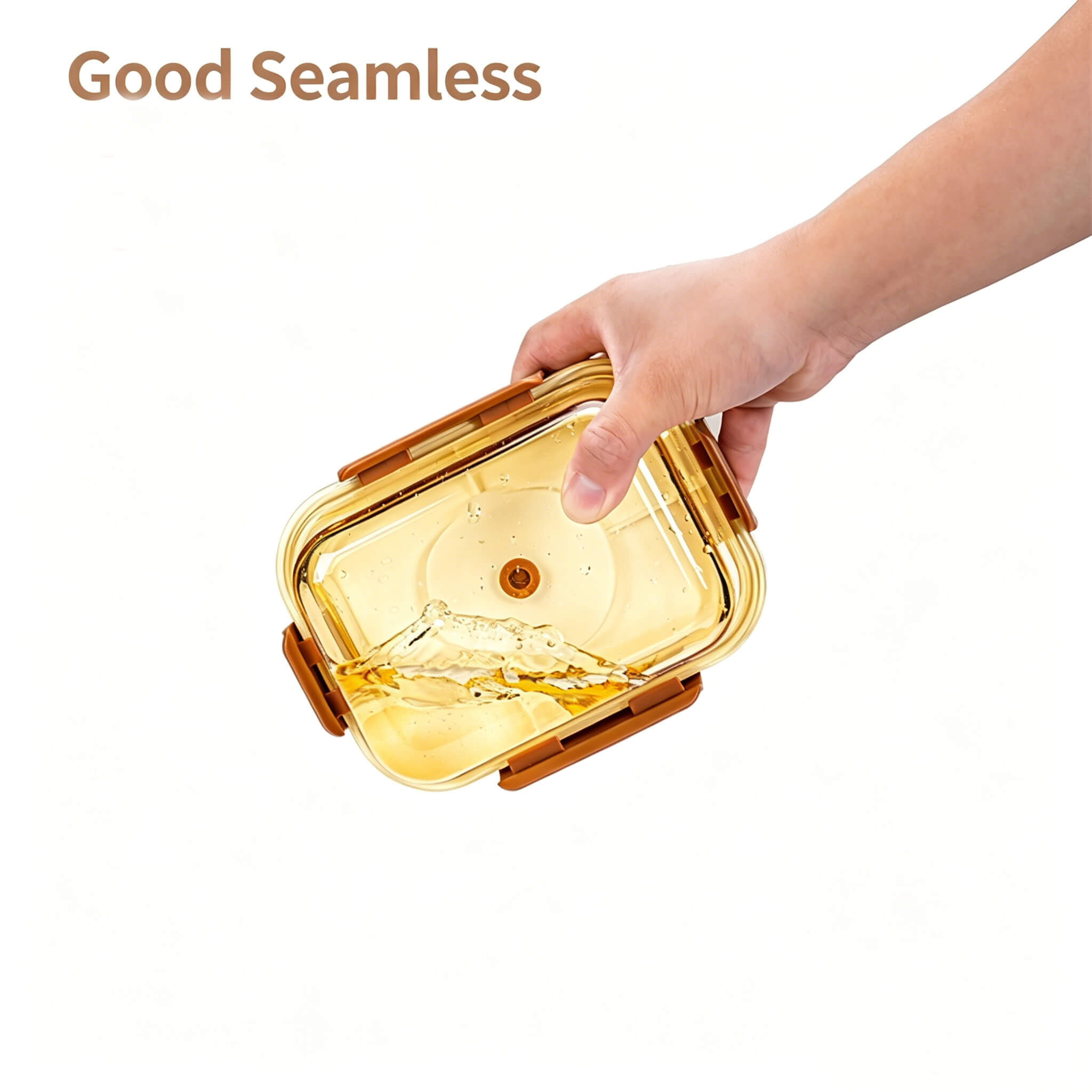 Hand holding Acever BX02 glass food container upside down showing seamless leak-proof amber glass body with airtight lid locked