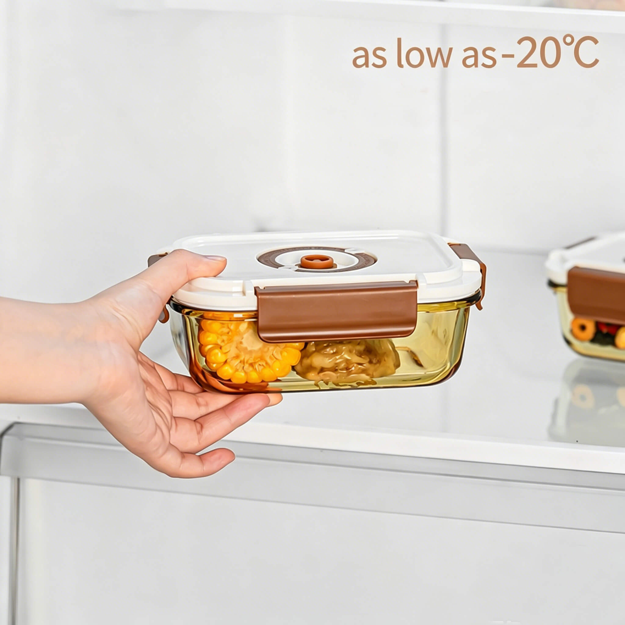 Acever BX03 large glass food container stored in fridge showing amber glass body with fresh vegetables visible through glass and airtight lid locked