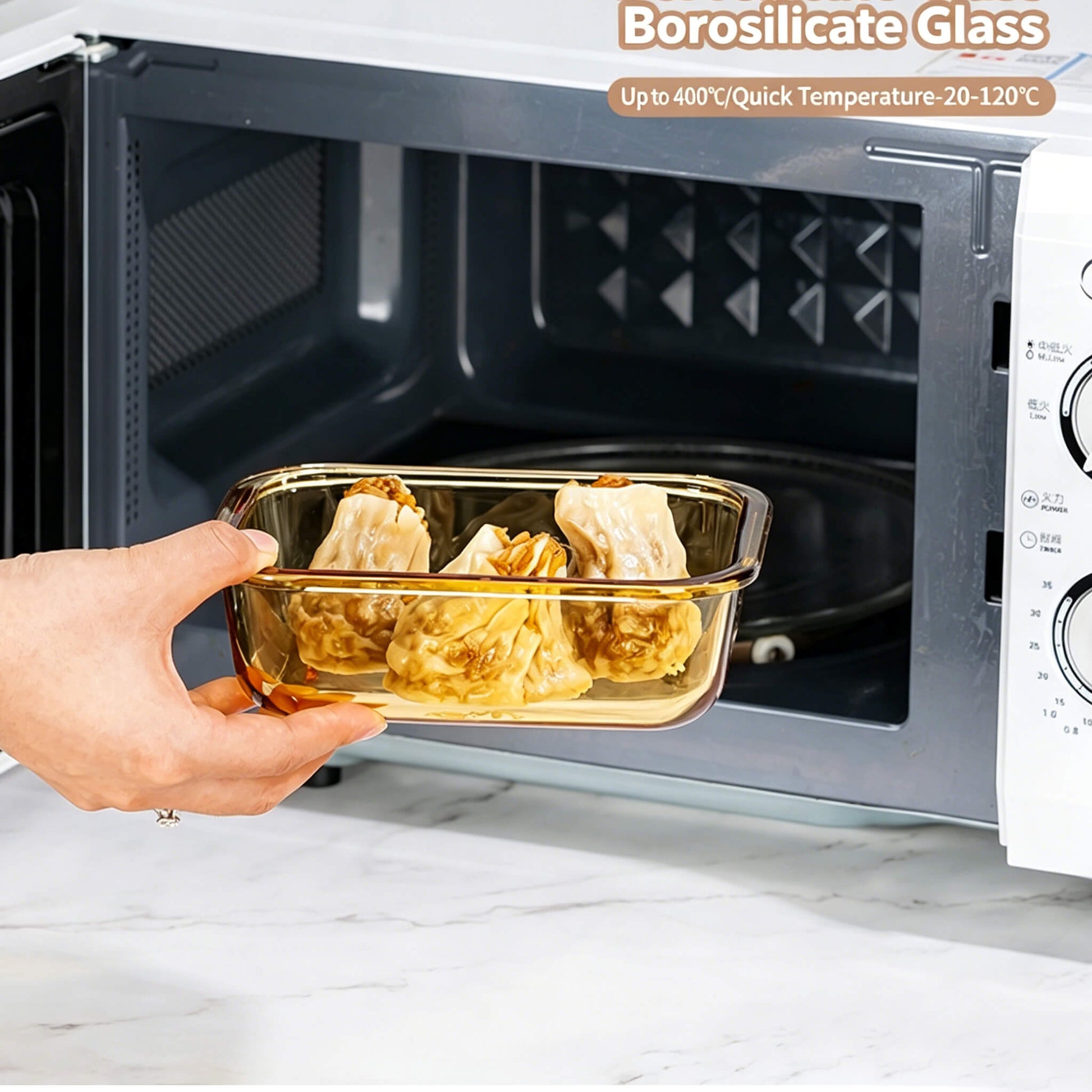Hand placing Acever BX03 borosilicate glass food container into microwave oven showing microwave-safe glass body with food inside