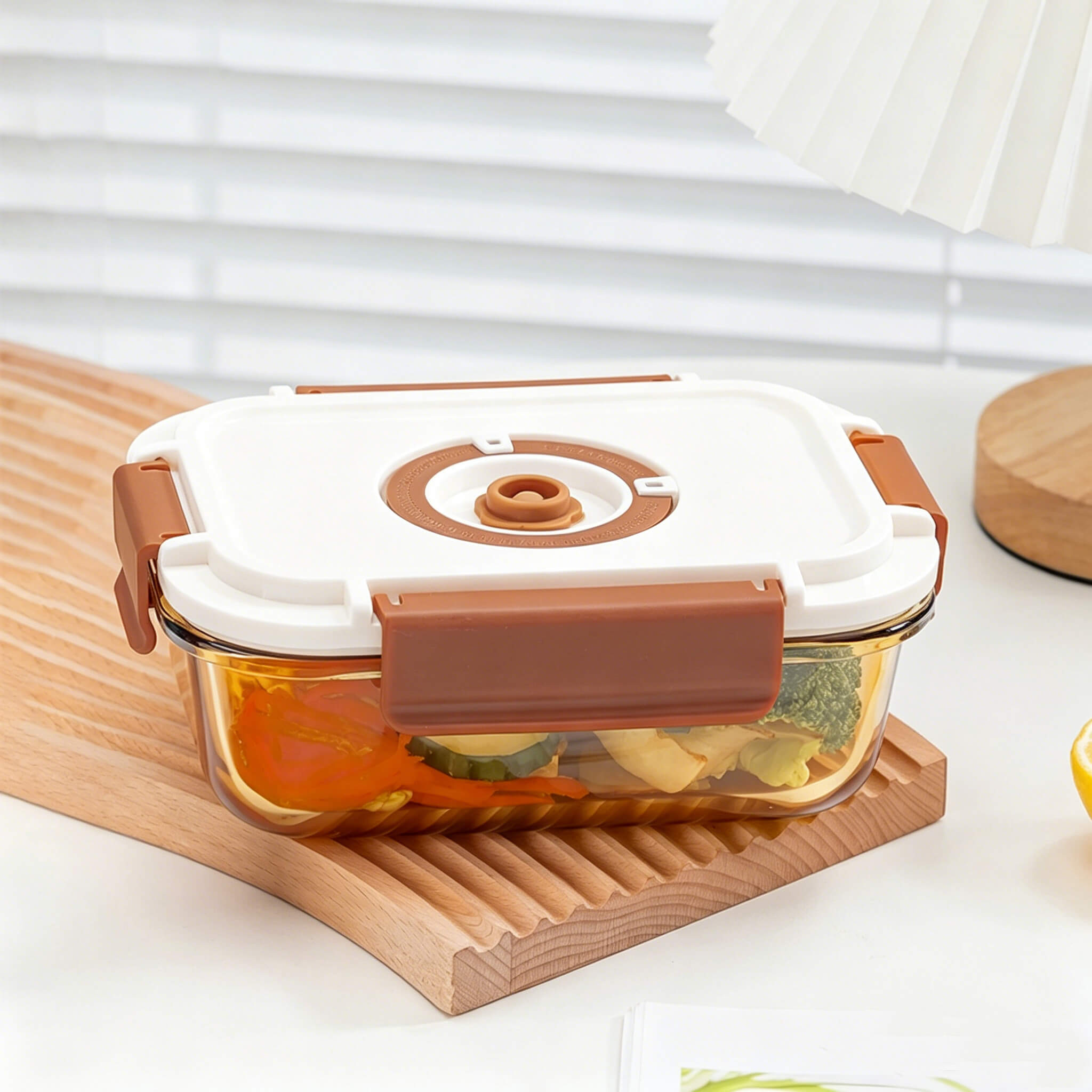 Side view of Acever BX03 large glass food container showing amber glass body depth and cream lid with brown locking clips