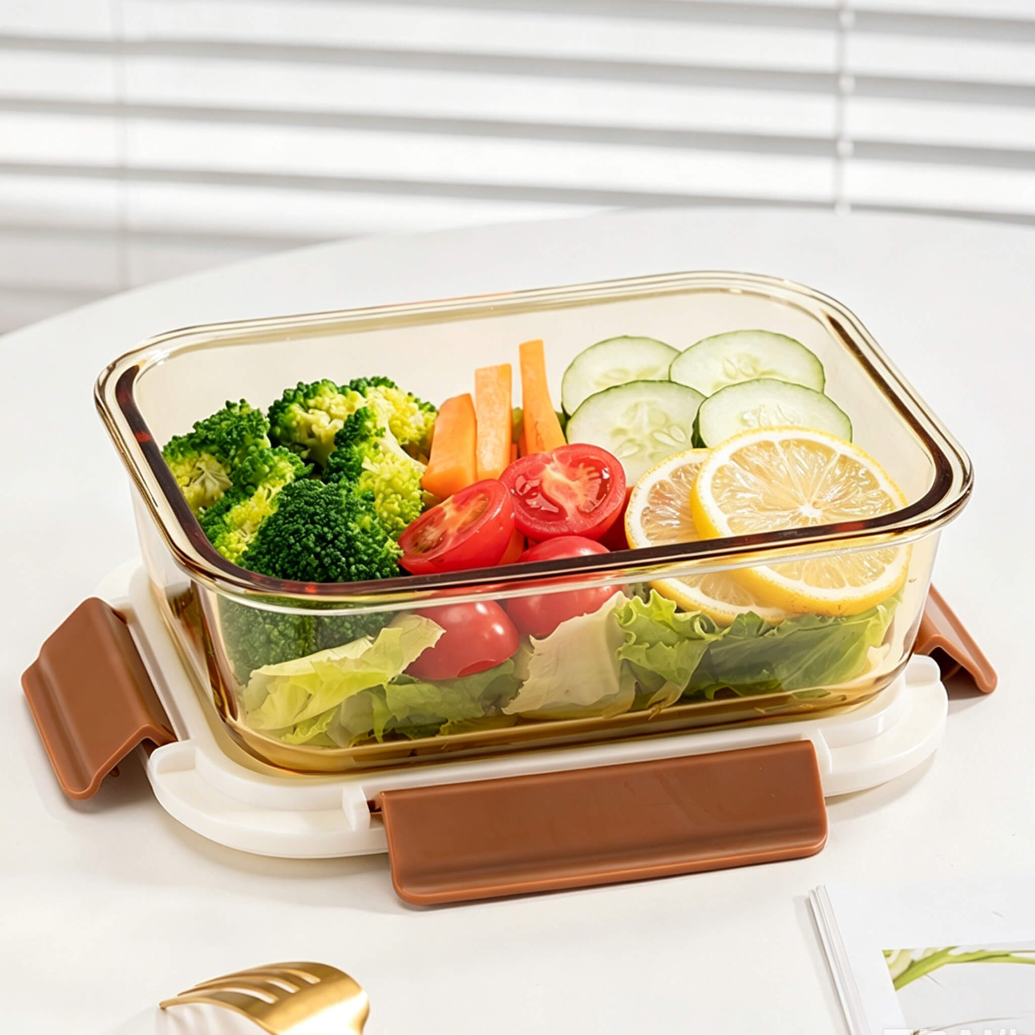 Top view of Acever BX03 large glass food container showing cream lid with time recorder dial and four brown locking clips