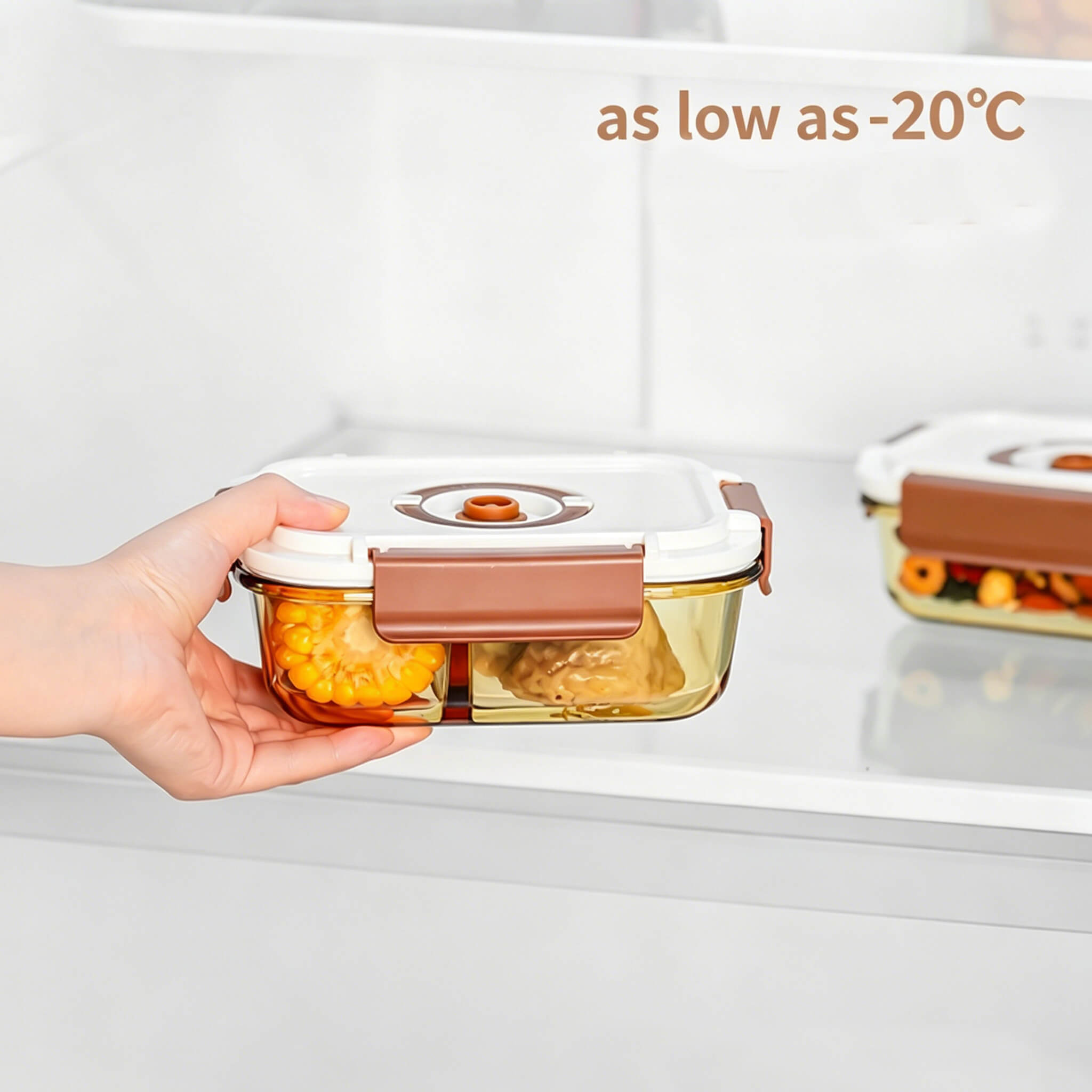 Acever BX04 2-compartment glass food container stored in fridge showing amber glass body with food visible through glass and airtight lid locked