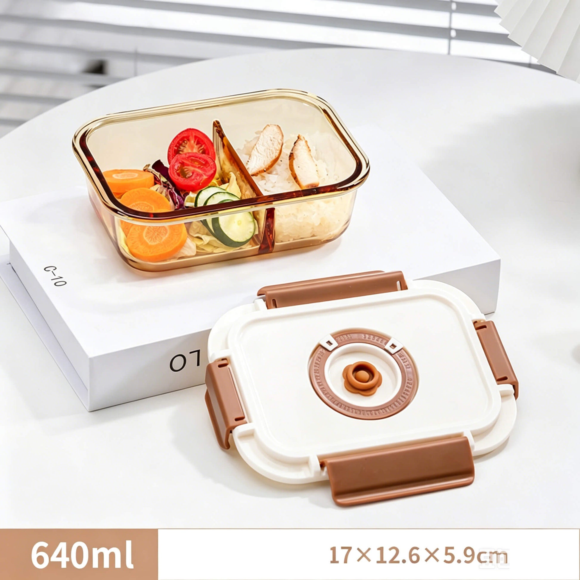 Acever BX04 2-compartment glass food container lifestyle shot on wooden tray showing rice in one compartment and mixed vegetables in the other with lid closed