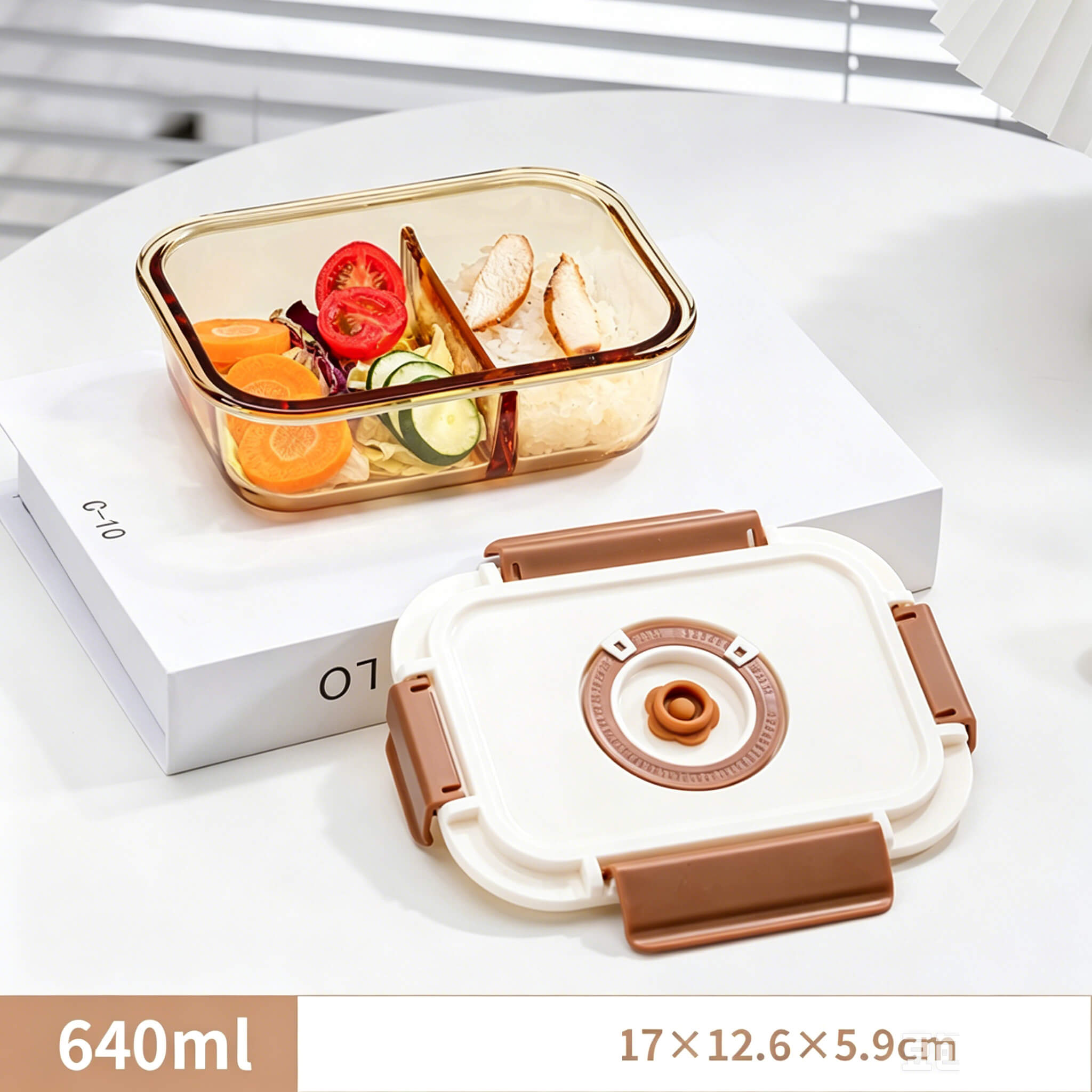 Acever BX04 2-compartment glass food container lifestyle shot on wooden tray showing rice in one compartment and mixed vegetables in the other with lid closed
