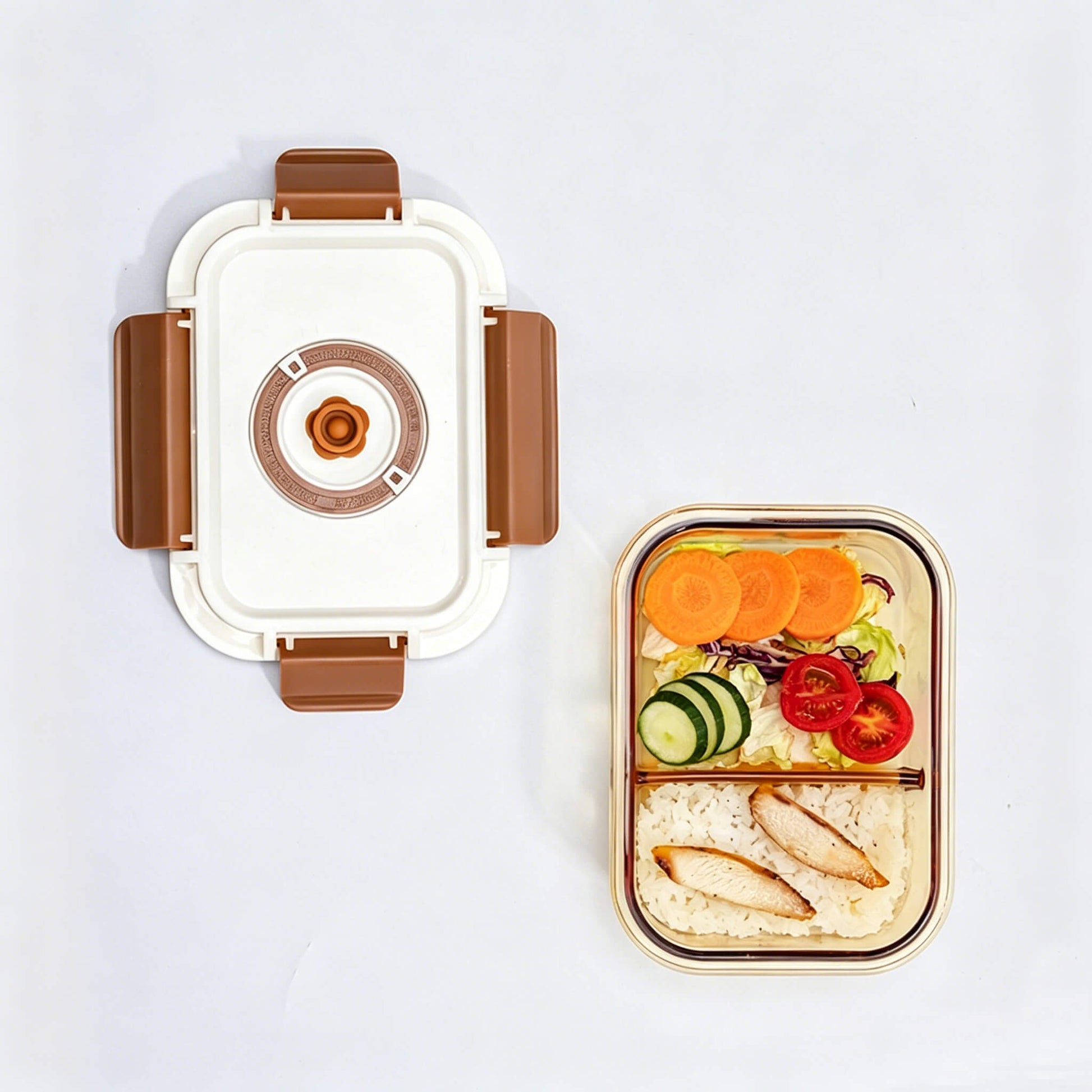 Acever BX04 2-compartment amber glass food container main product shot showing cream airtight lid with four brown locking clips and time recorder dial on white background