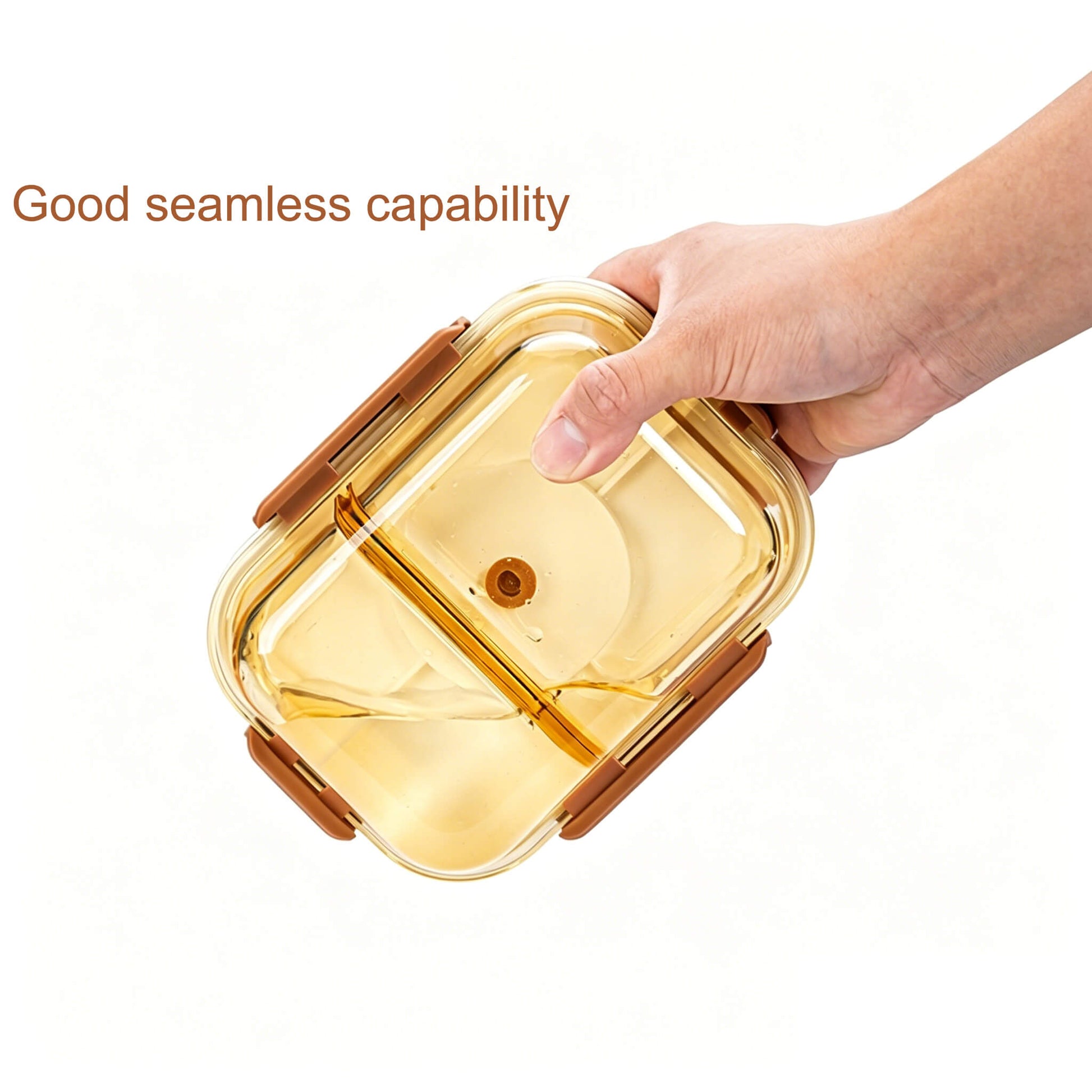 Hand holding Acever BX04 2-compartment glass food container upside down demonstrating seamless leak-proof airtight seal