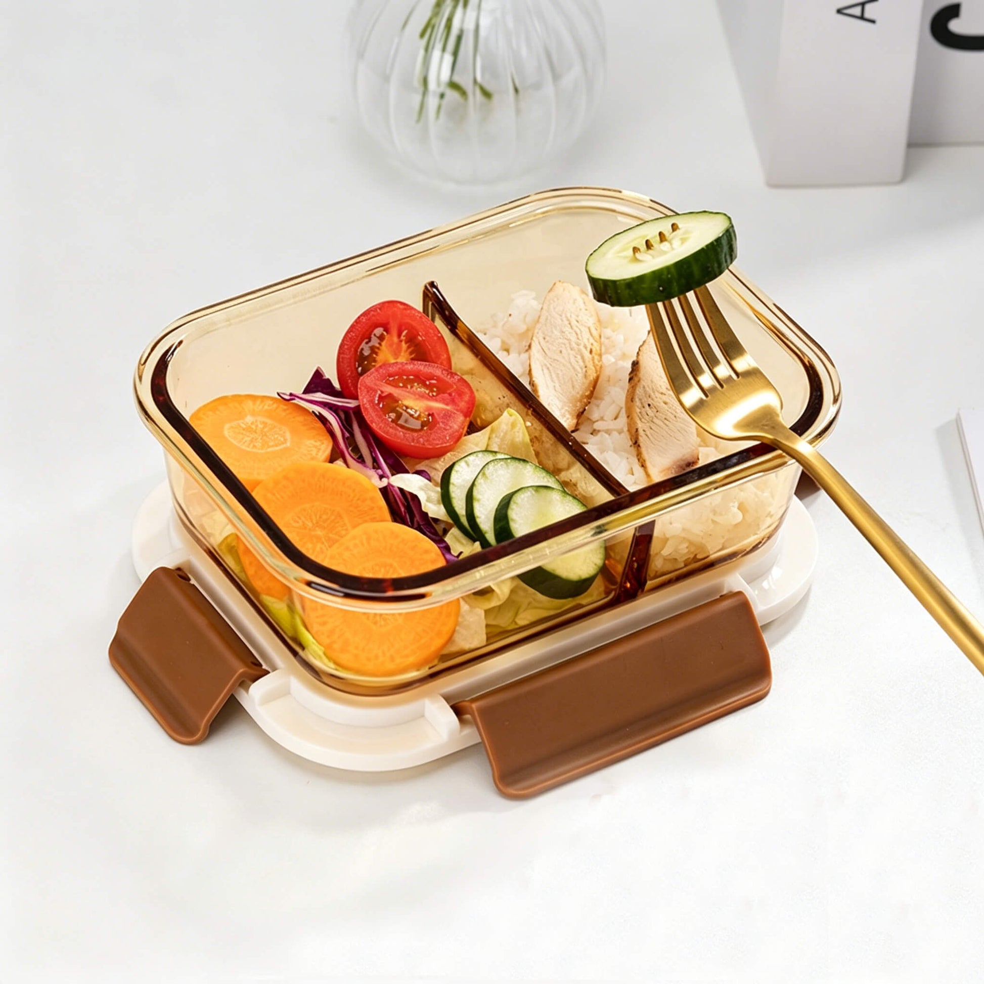 Top view of Acever BX04 2-compartment glass food container showing cream lid with time recorder dial and four brown locking clips