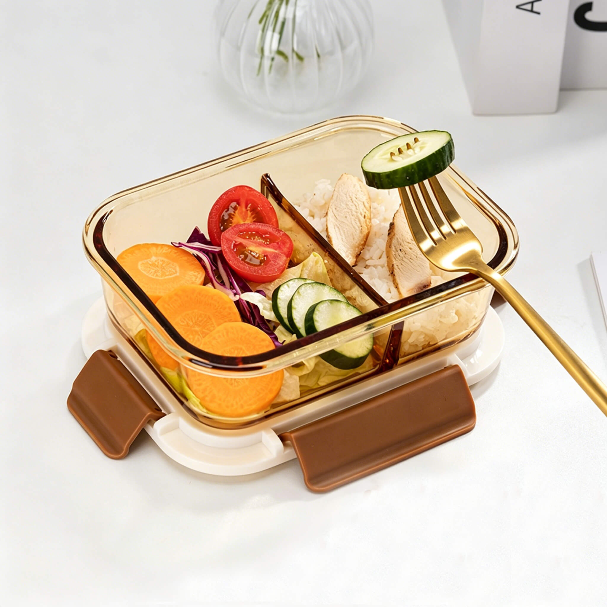 Top view of Acever BX04 2-compartment glass food container showing cream lid with time recorder dial and four brown locking clips
