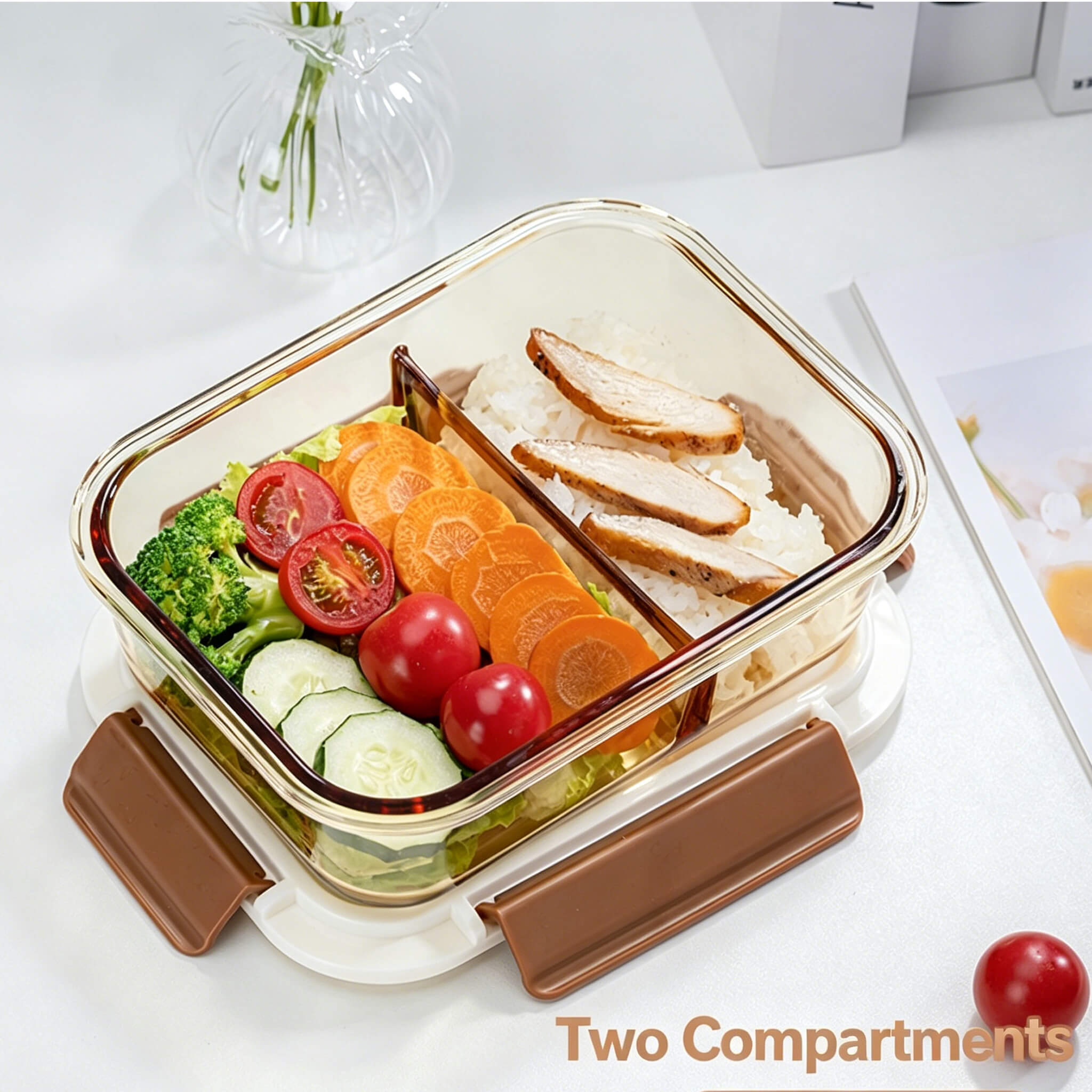 Acever BX05 large 2-compartment glass food container held upside down showing seamless glass body with integrated divider creating two compartments and leak-proof airtight seal