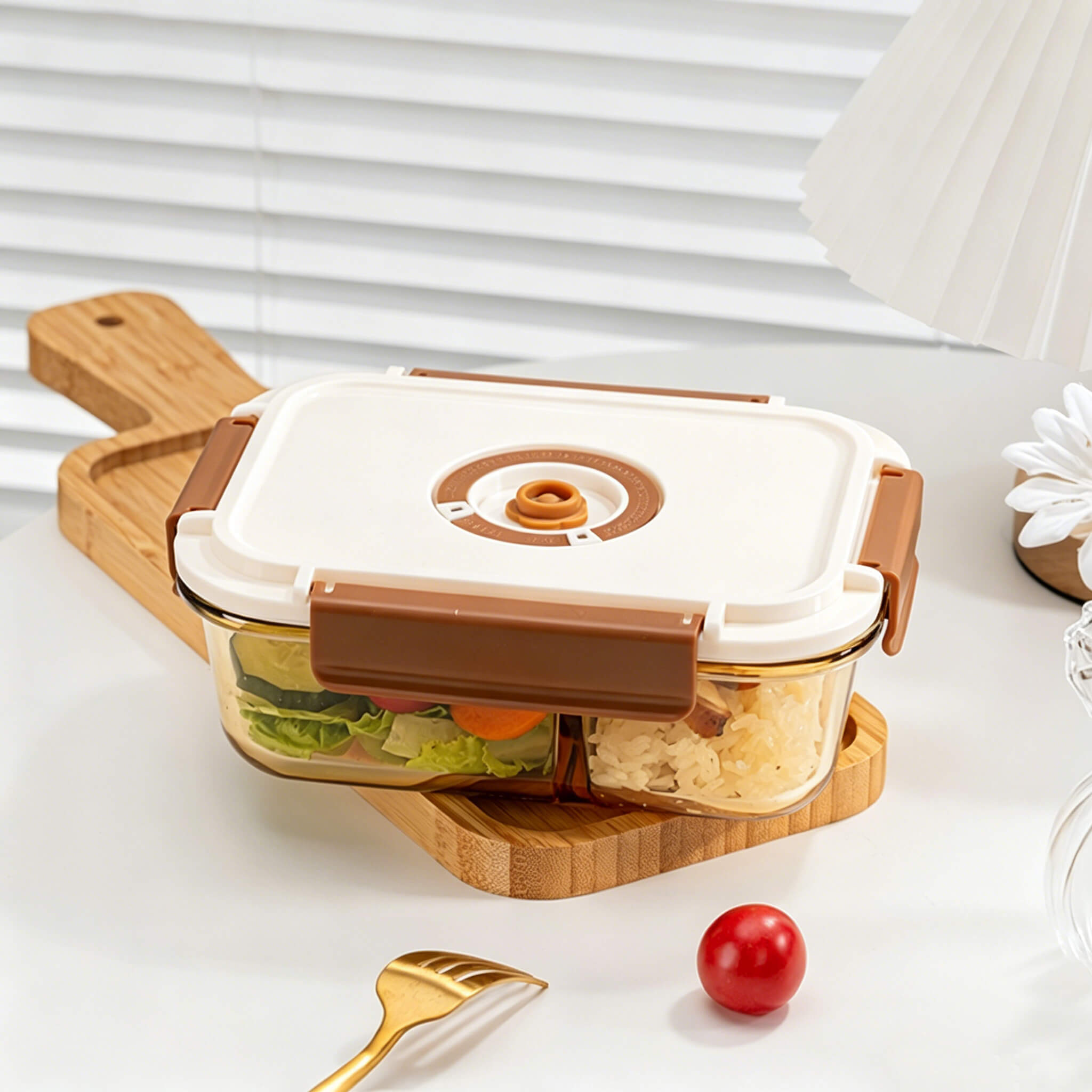 Acever BX05 large 2-compartment glass food container open lifestyle shot on wooden board showing grilled chicken and rice in one compartment and mixed salad vegetables in the other