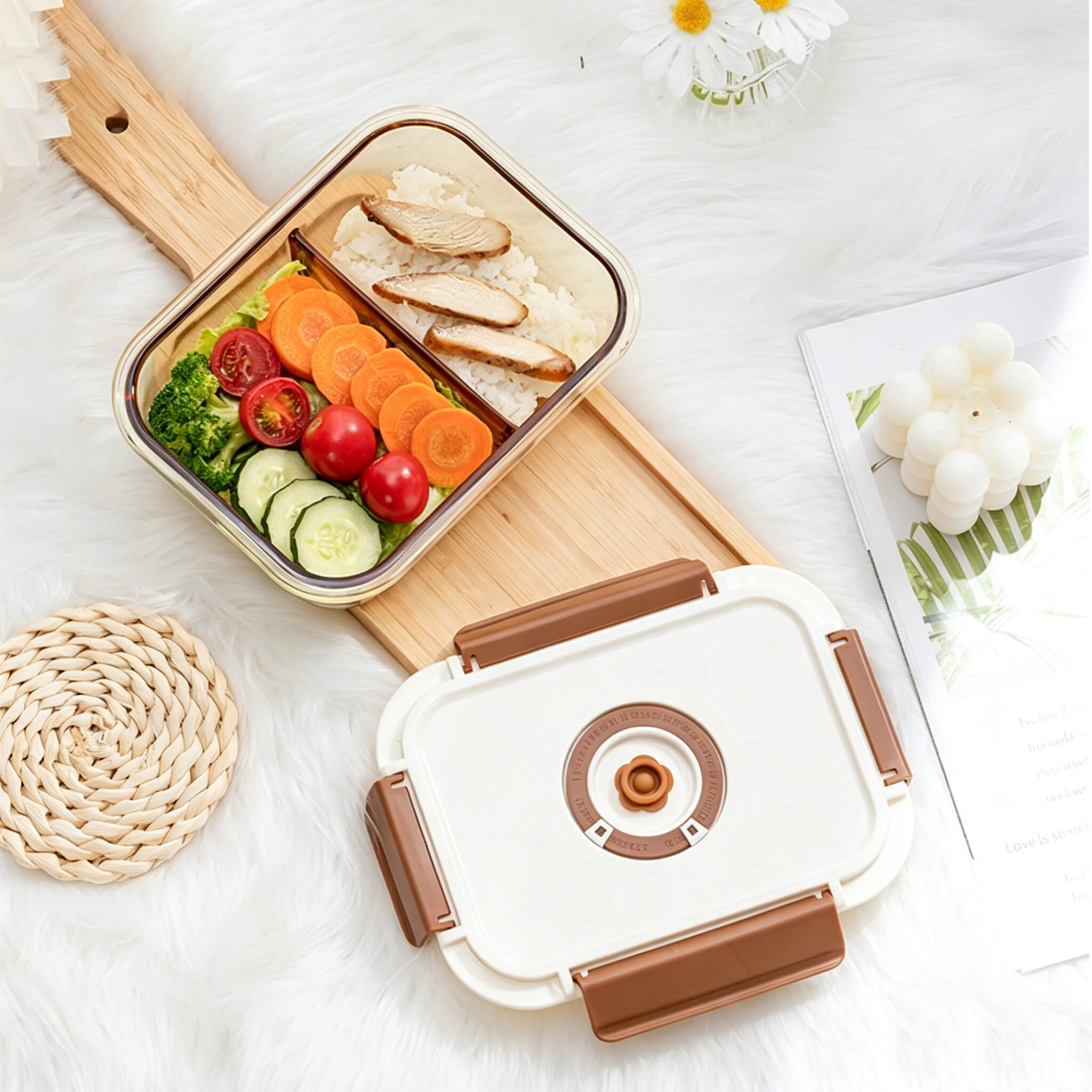 Acever BX05 large 2-compartment glass food container open lifestyle shot showing broccoli and carrots in one compartment and rice in the other with lid beside on wooden board