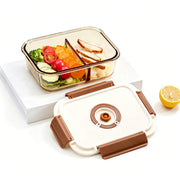 Acever BX05 large 2-compartment amber glass food container main product shot showing cream airtight lid with four brown locking clips and time recorder dial on white background