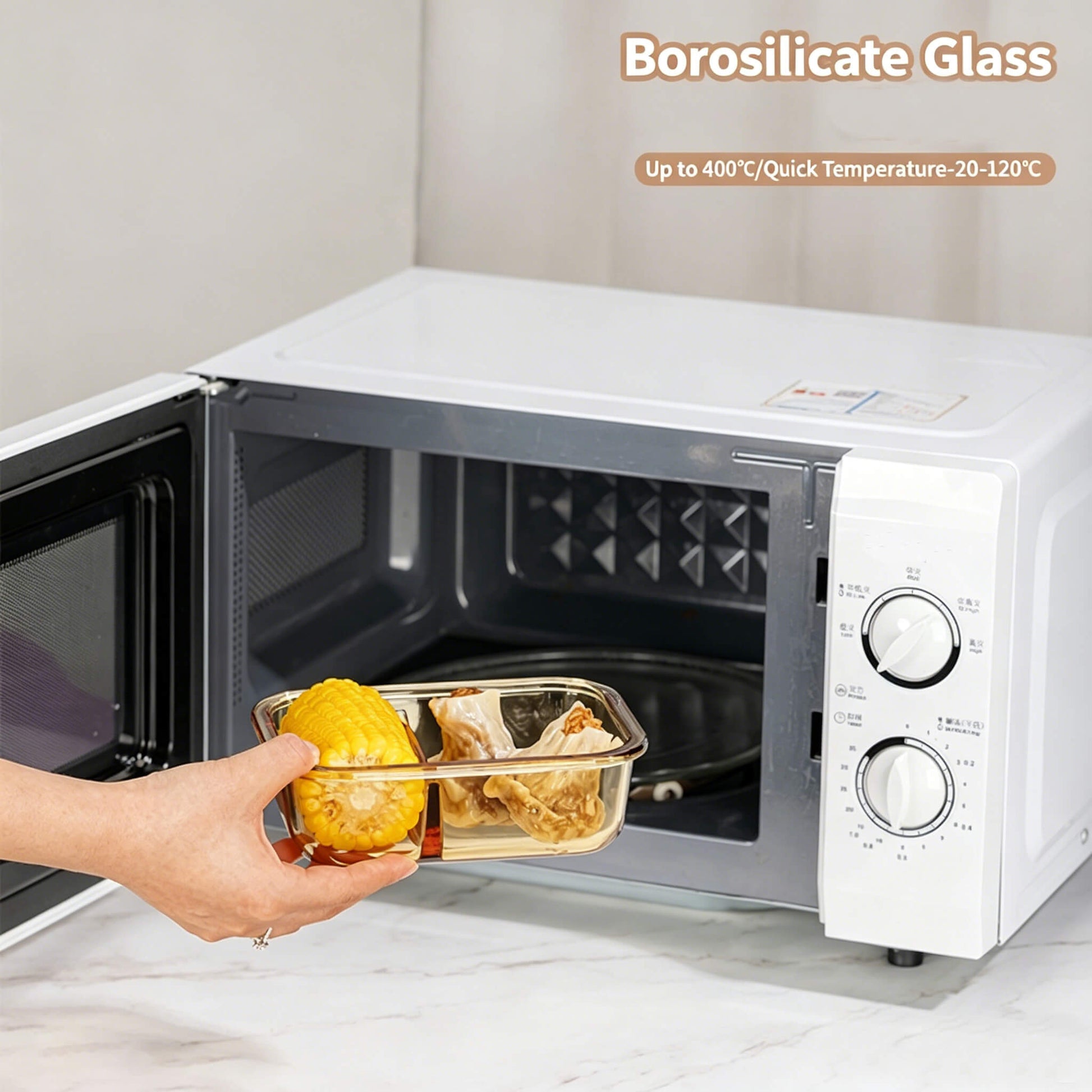 Hand placing Acever BX05 borosilicate glass food container into microwave oven showing microwave-safe glass body up to 400 degrees celsius