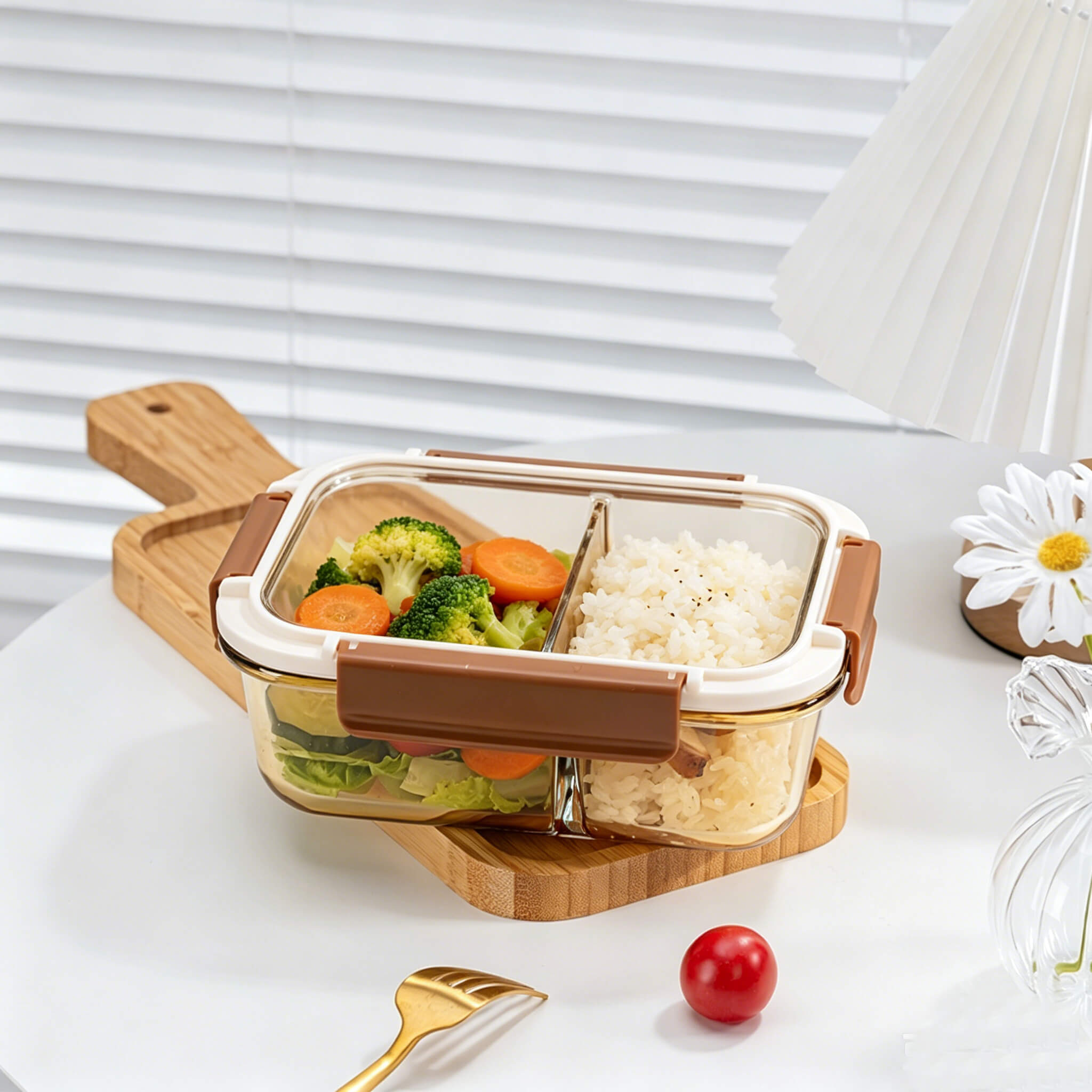 Side view of Acever BX05 large 2-compartment glass food container showing amber glass body depth and cream lid with brown locking clips