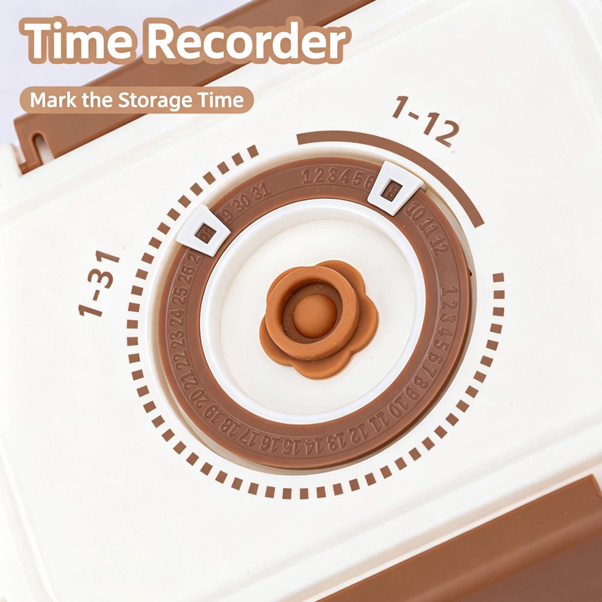 Close-up of Acever BX02 time recorder dial on lid showing day (1–31) and month (1–12) rotating rings for marking food storage date