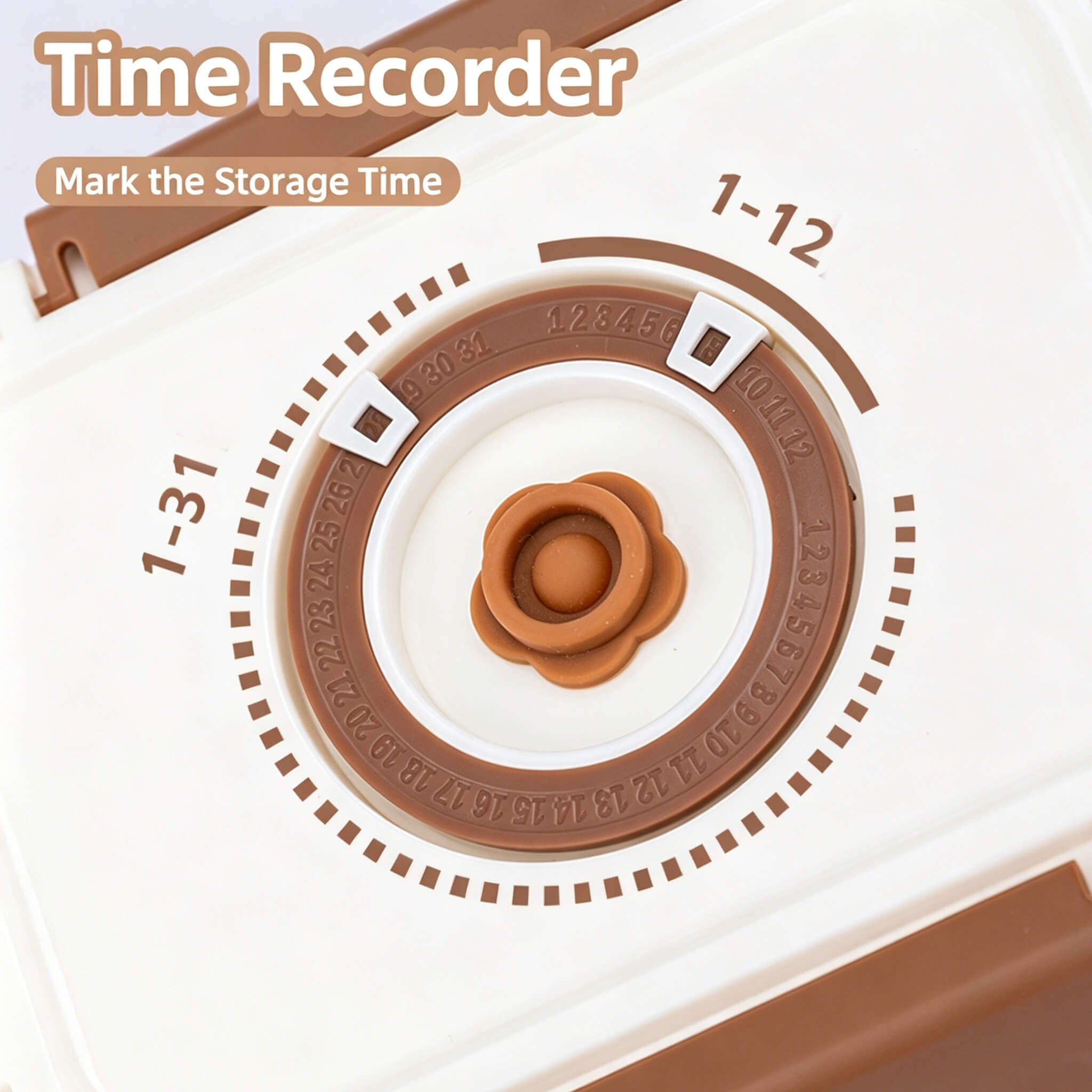Close-up of Acever BX02 time recorder dial on lid showing day (1–31) and month (1–12) rotating rings for marking food storage date