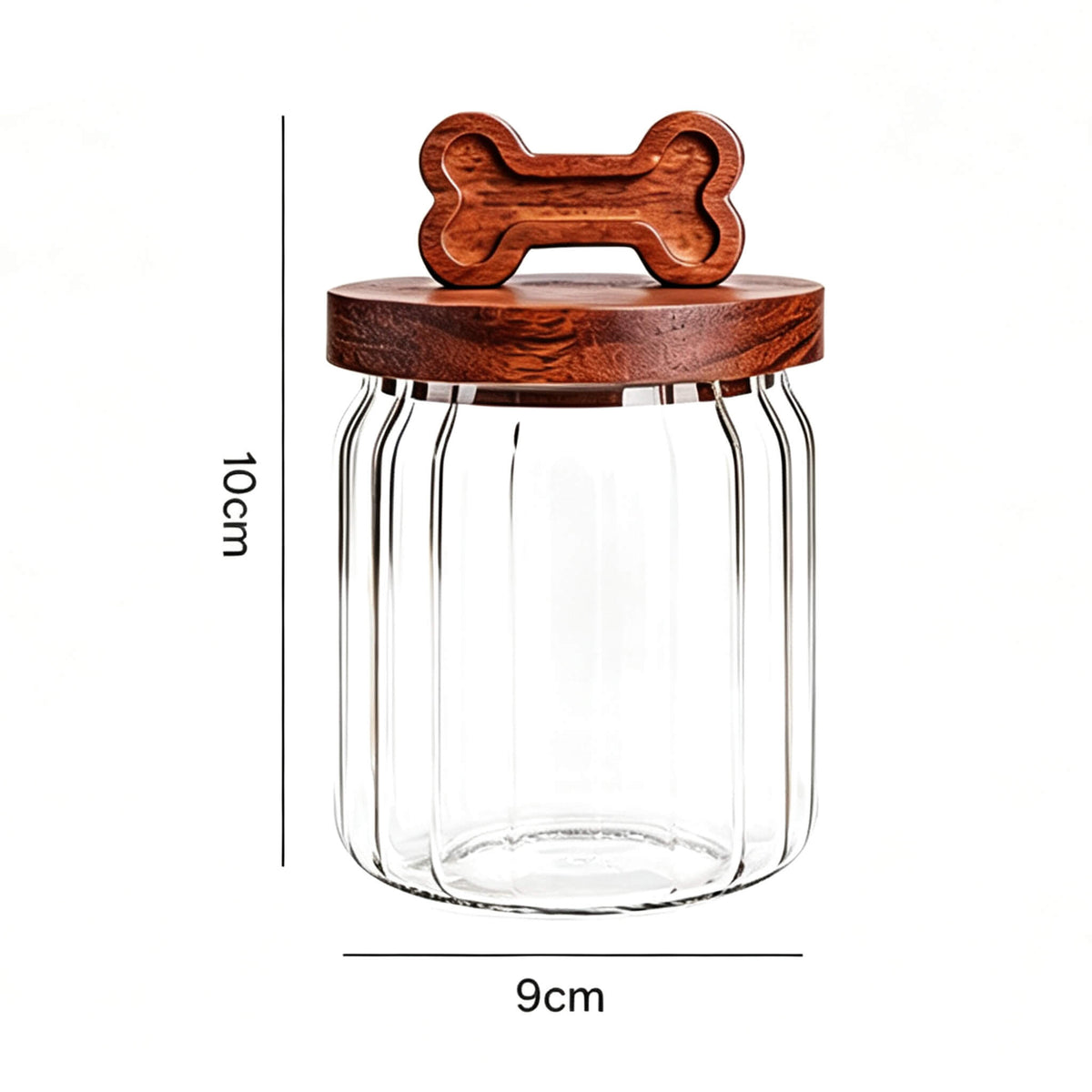 400ml ribbed glass jar with bone-handle wooden lid showing 10cm height and 9cm width dimensions.