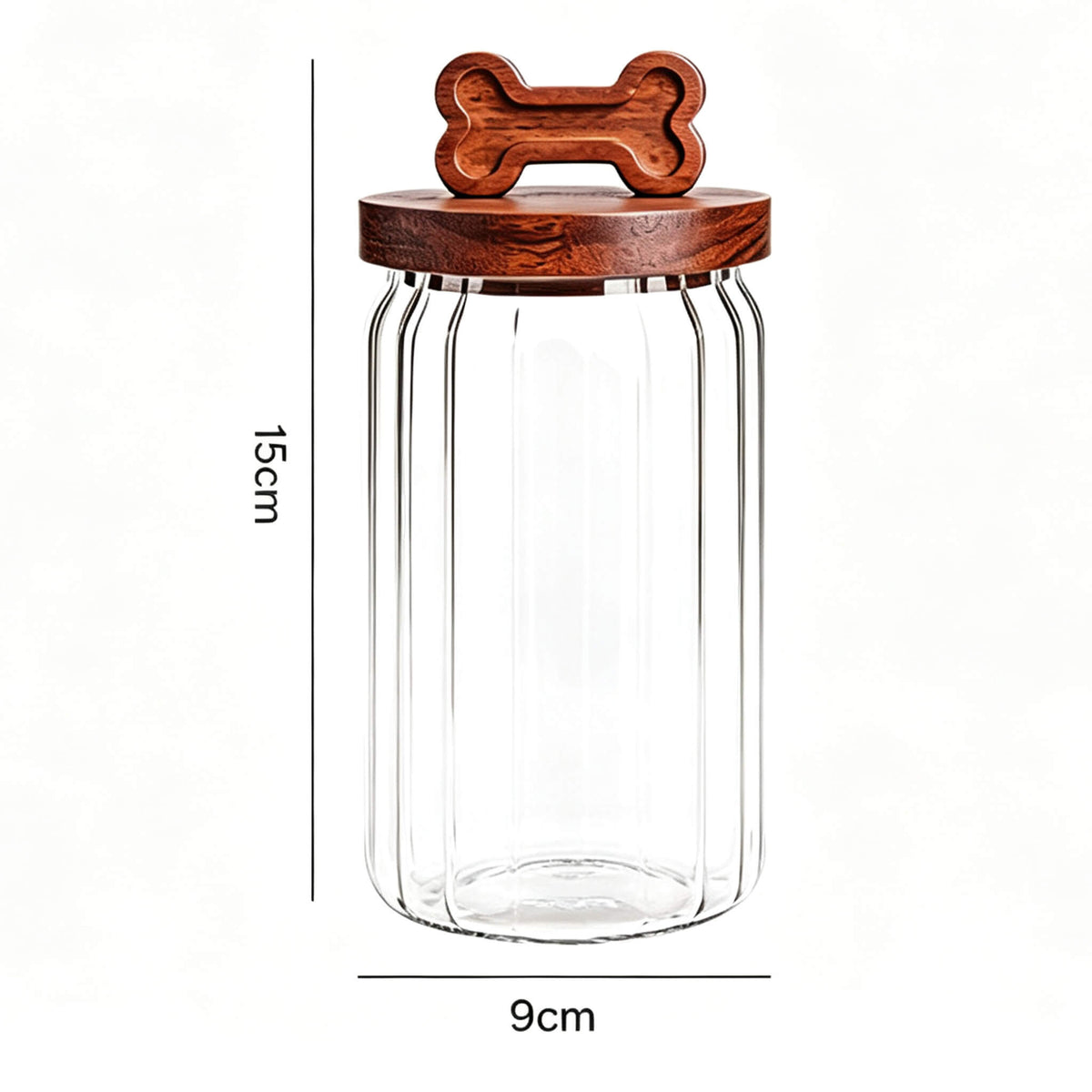 600ml ribbed glass jar with bone-handle wooden lid showing 15cm height and 9cm width dimensions.