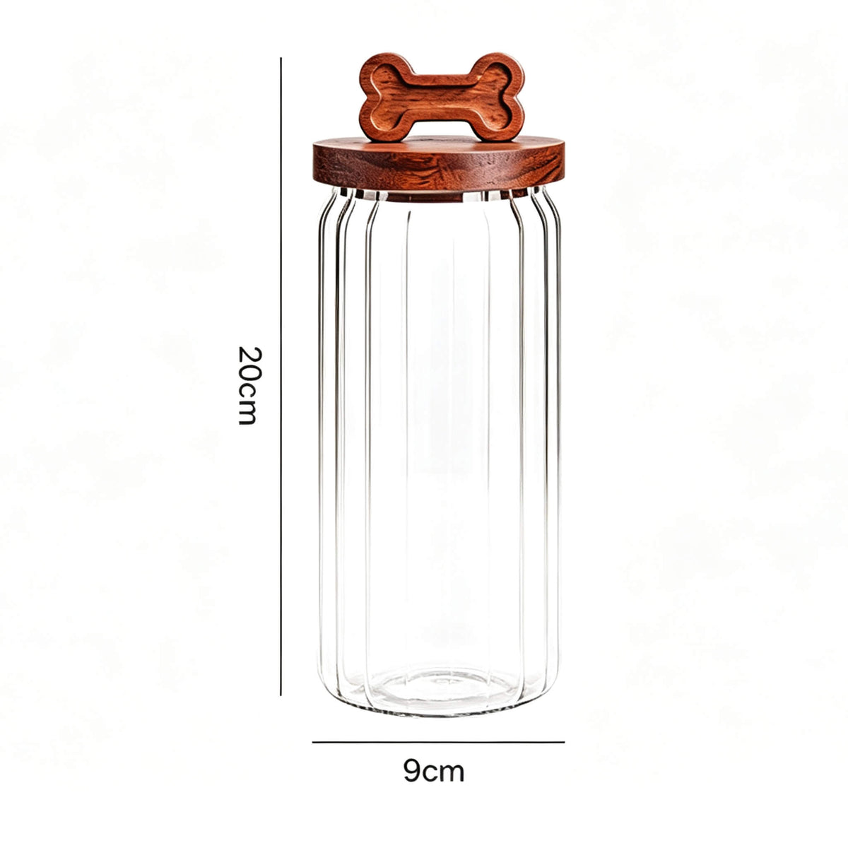 900ml ribbed glass jar with bone-handle wooden lid showing 20cm height and 9cm width dimensions.