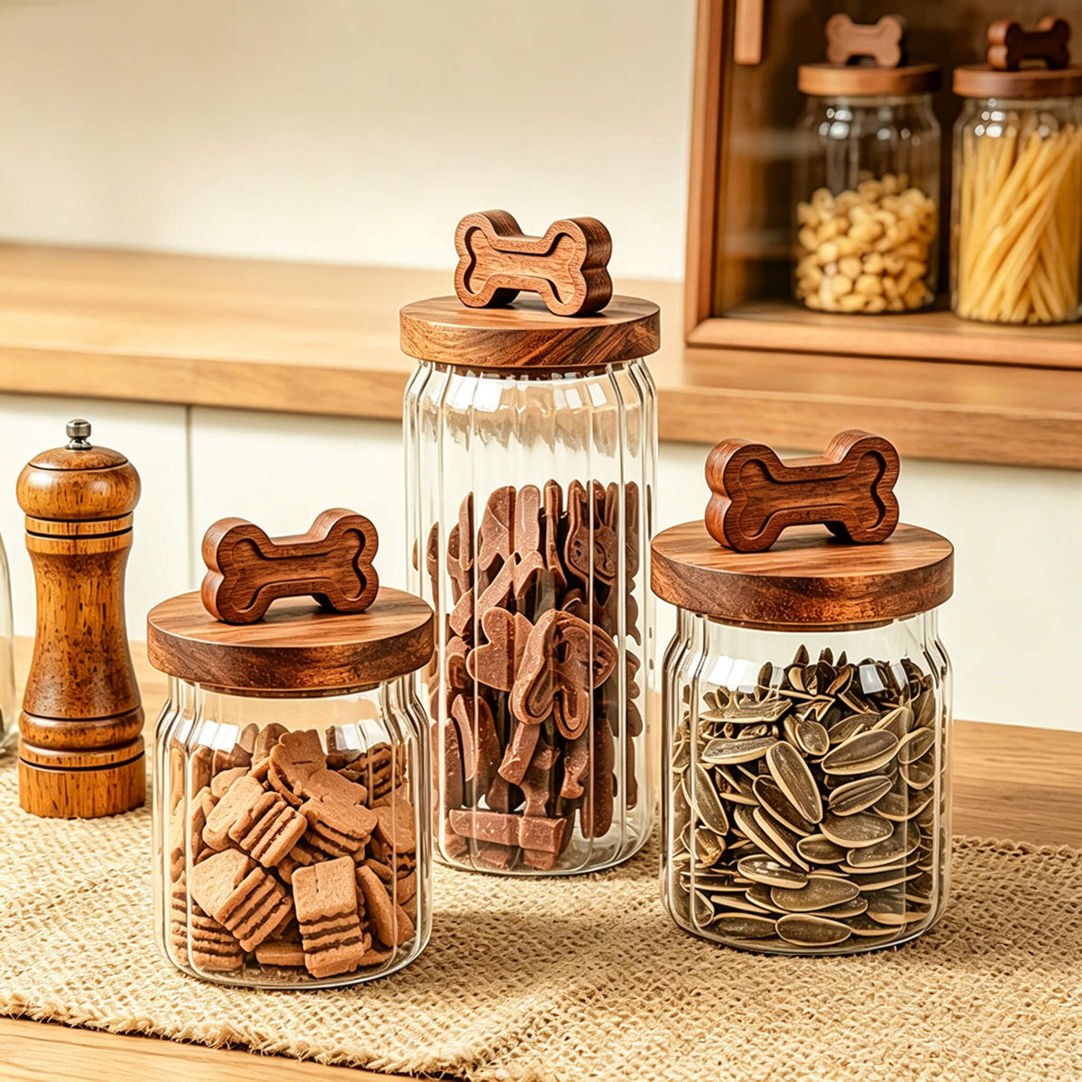 Three ribbed glass jars with bone-handle lids on wooden board in kitchen filled with snack treats and seeds.