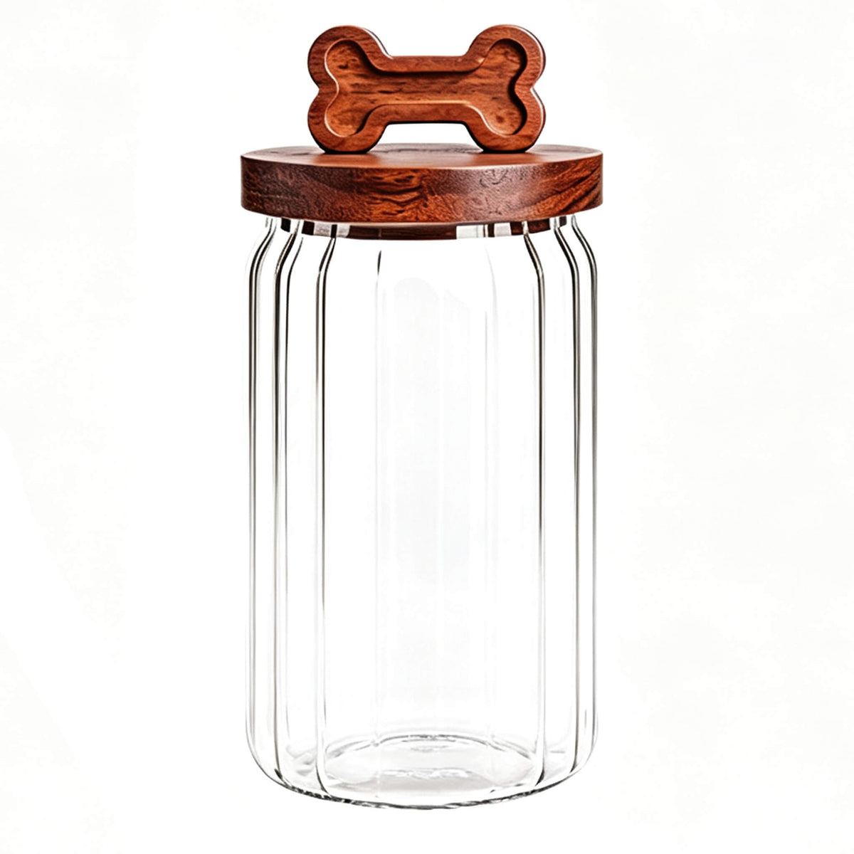 Clear ribbed glass jar with round wooden lid featuring carved bone-shaped handle.