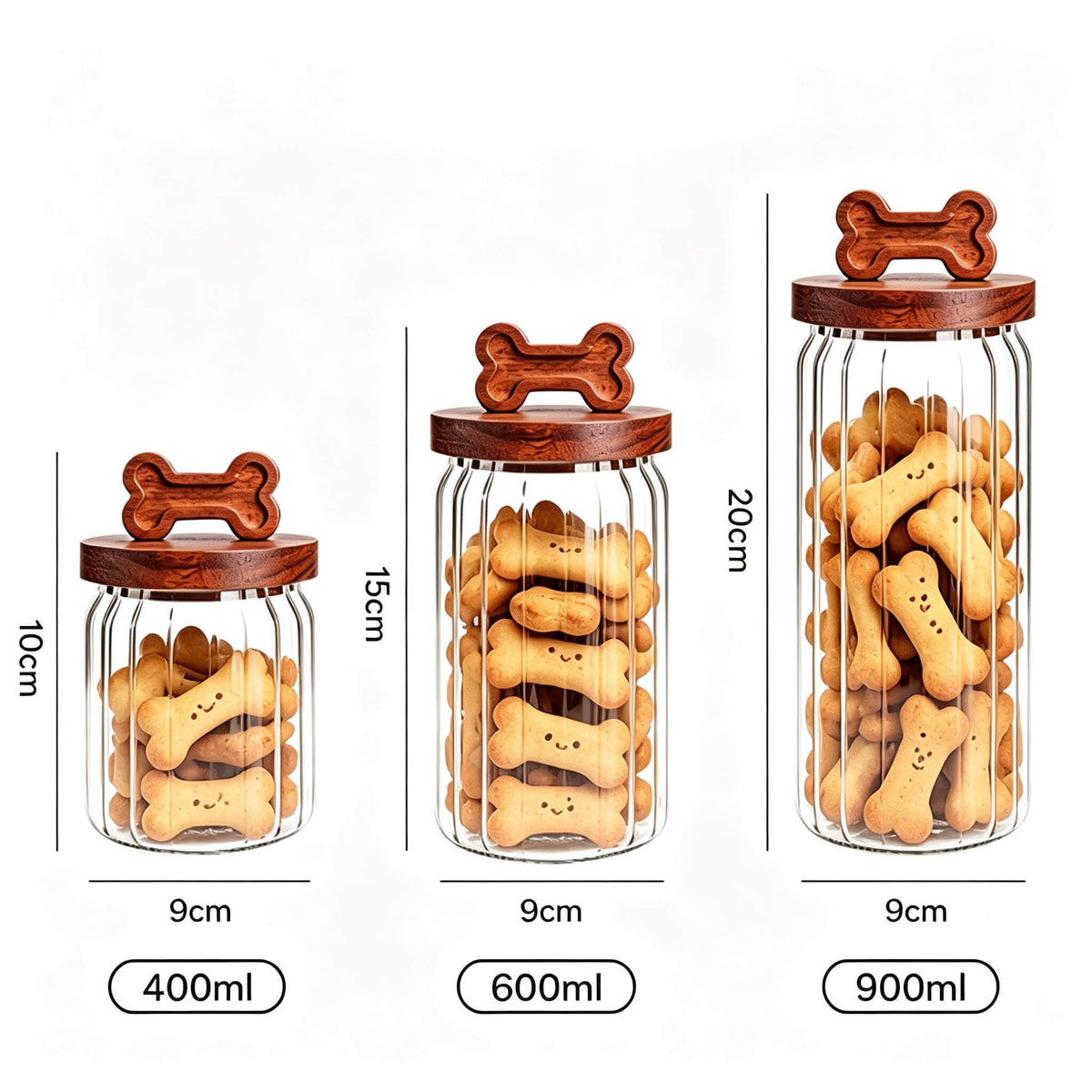 Three sizes of ribbed glass jars with bone-handle lids filled with bone-shaped biscuits labeled 400ml, 600ml, and 900ml with dimensions.