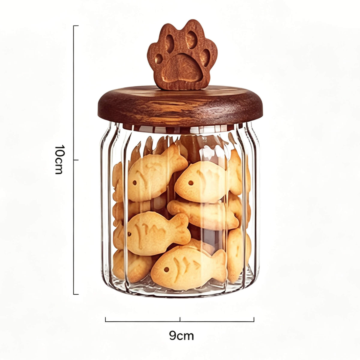 400ml ribbed glass jar with cat paw handle wooden lid showing 10cm height and 9cm width dimensions.