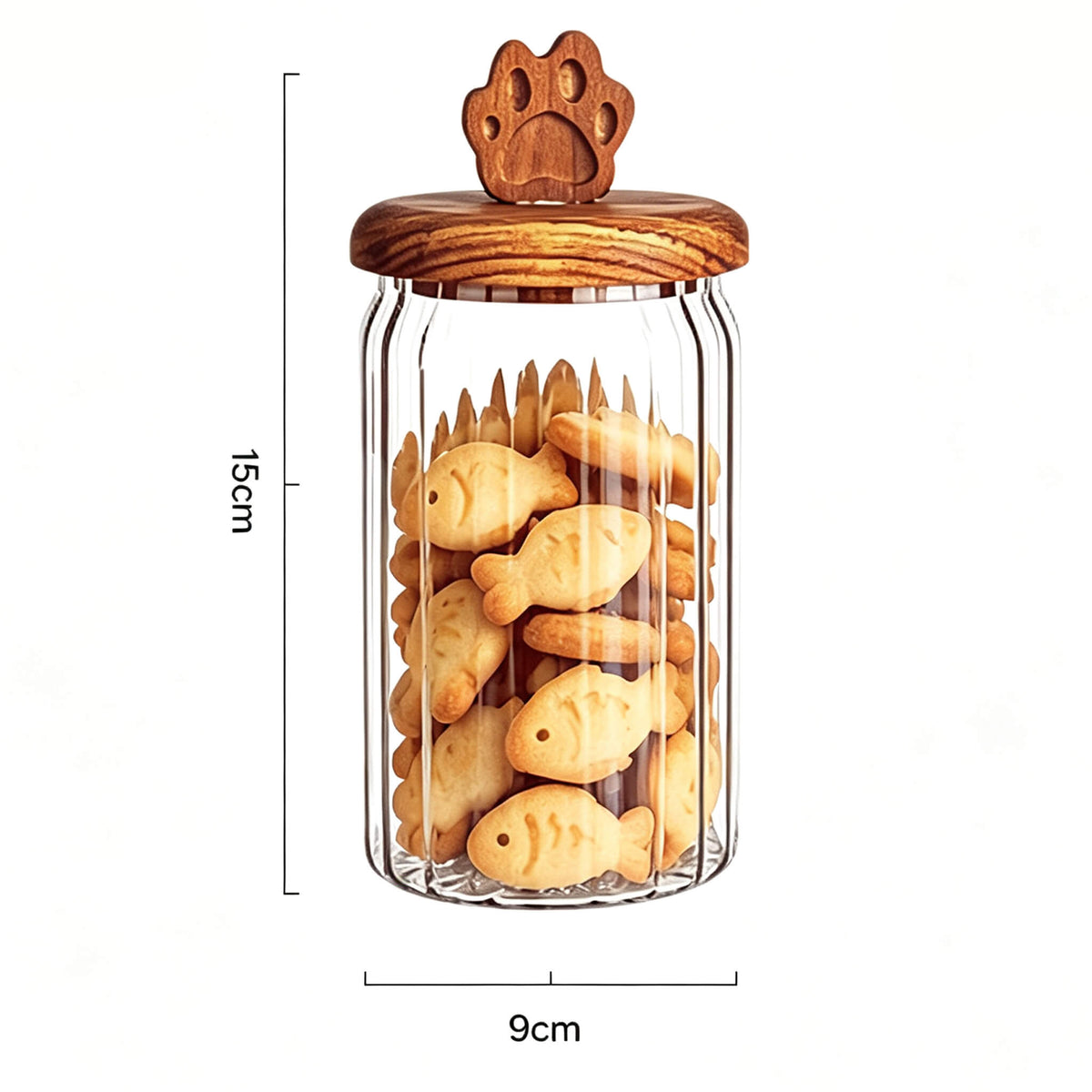 600ml ribbed glass jar with cat paw handle wooden lid showing 15cm height and 9cm width dimensions.