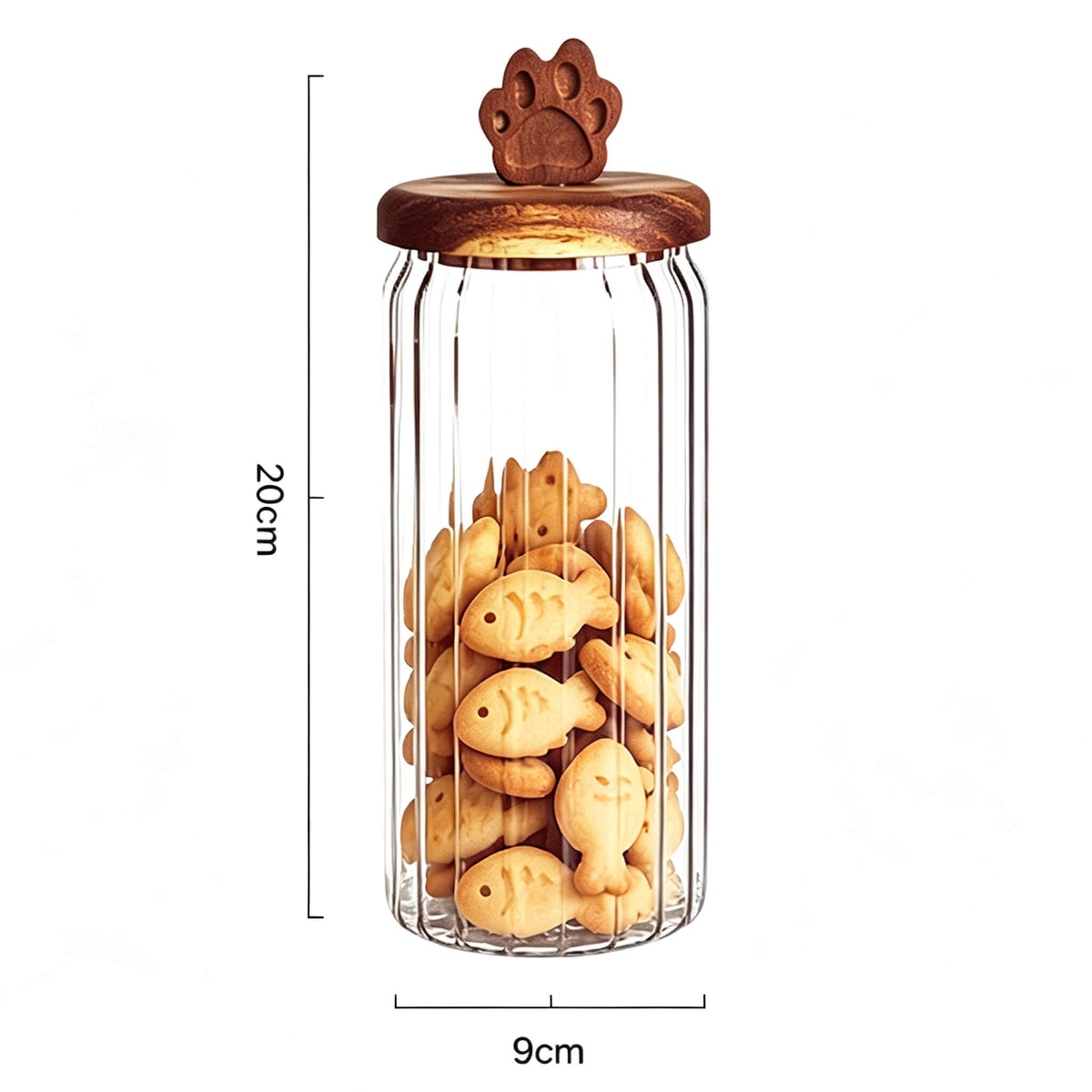 900ml ribbed glass jar with cat paw handle wooden lid showing 20cm height and 9cm width dimensions.