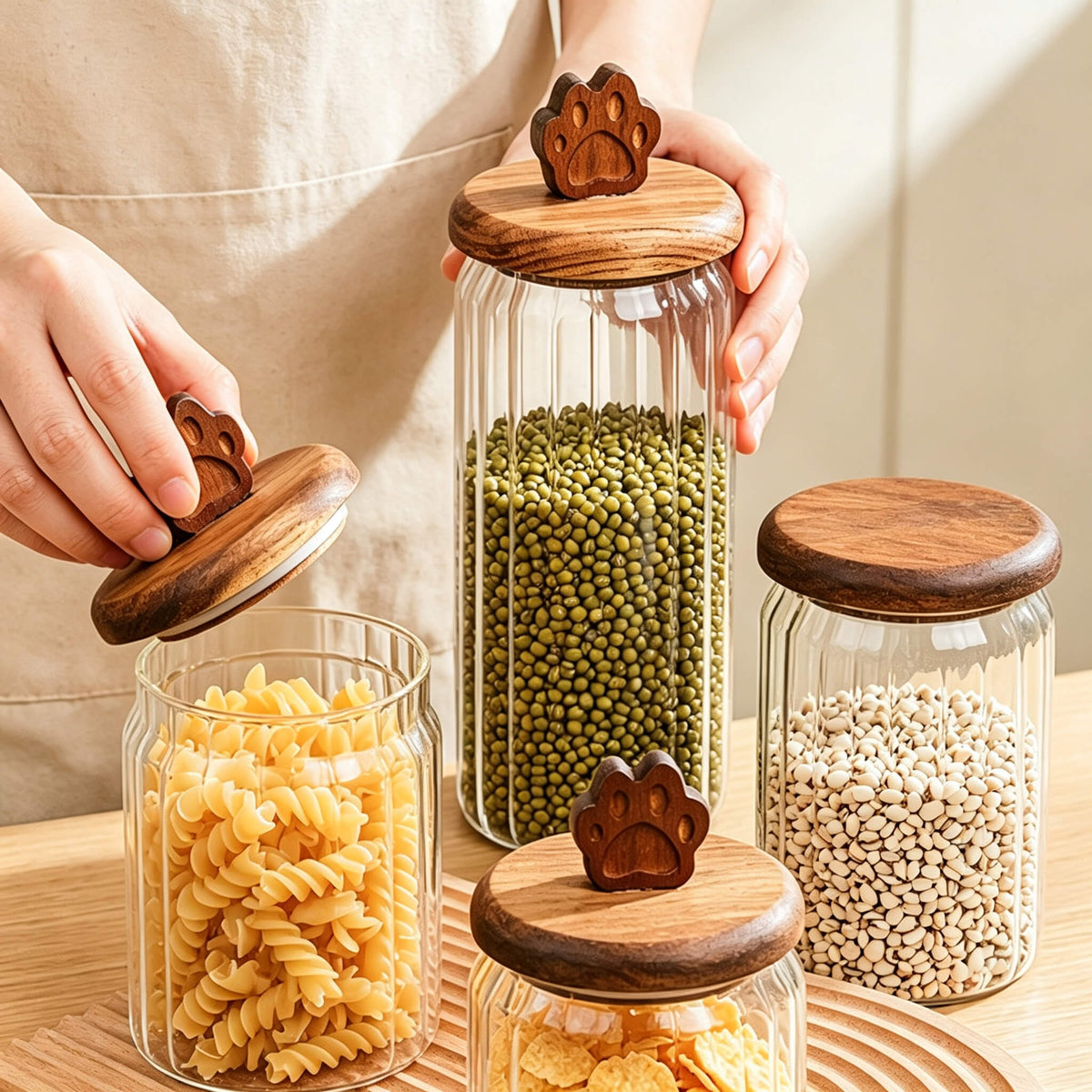 Hand lifting cat paw lid from ribbed glass jar with pasta, beans, and corn flakes on table.