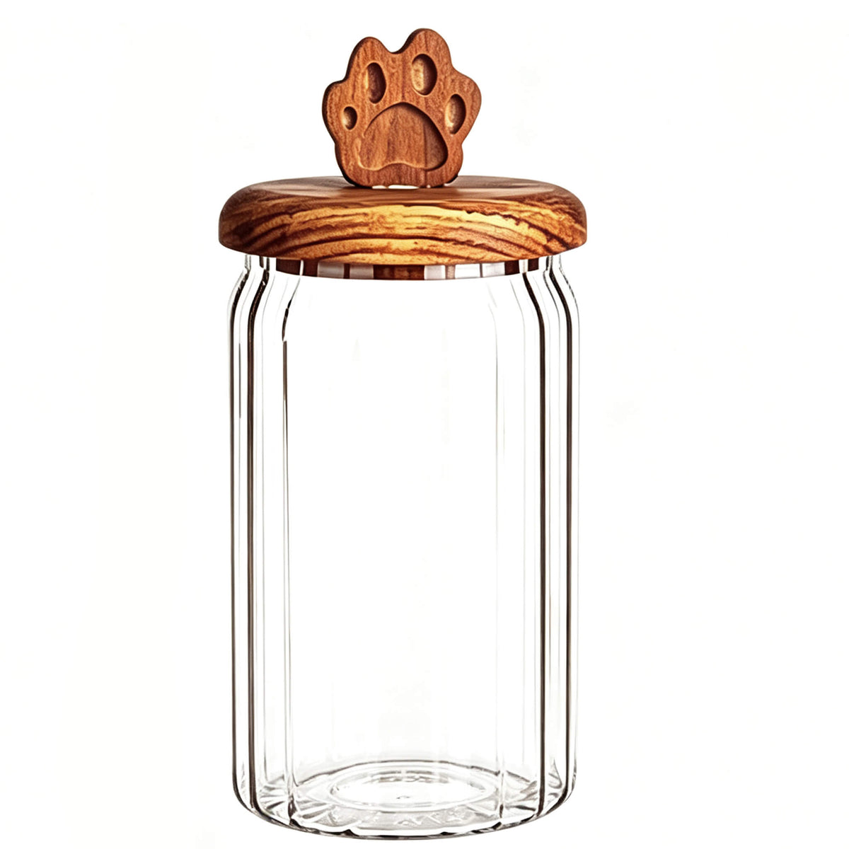 Clear ribbed glass jar with round wooden lid featuring carved cat paw handle.