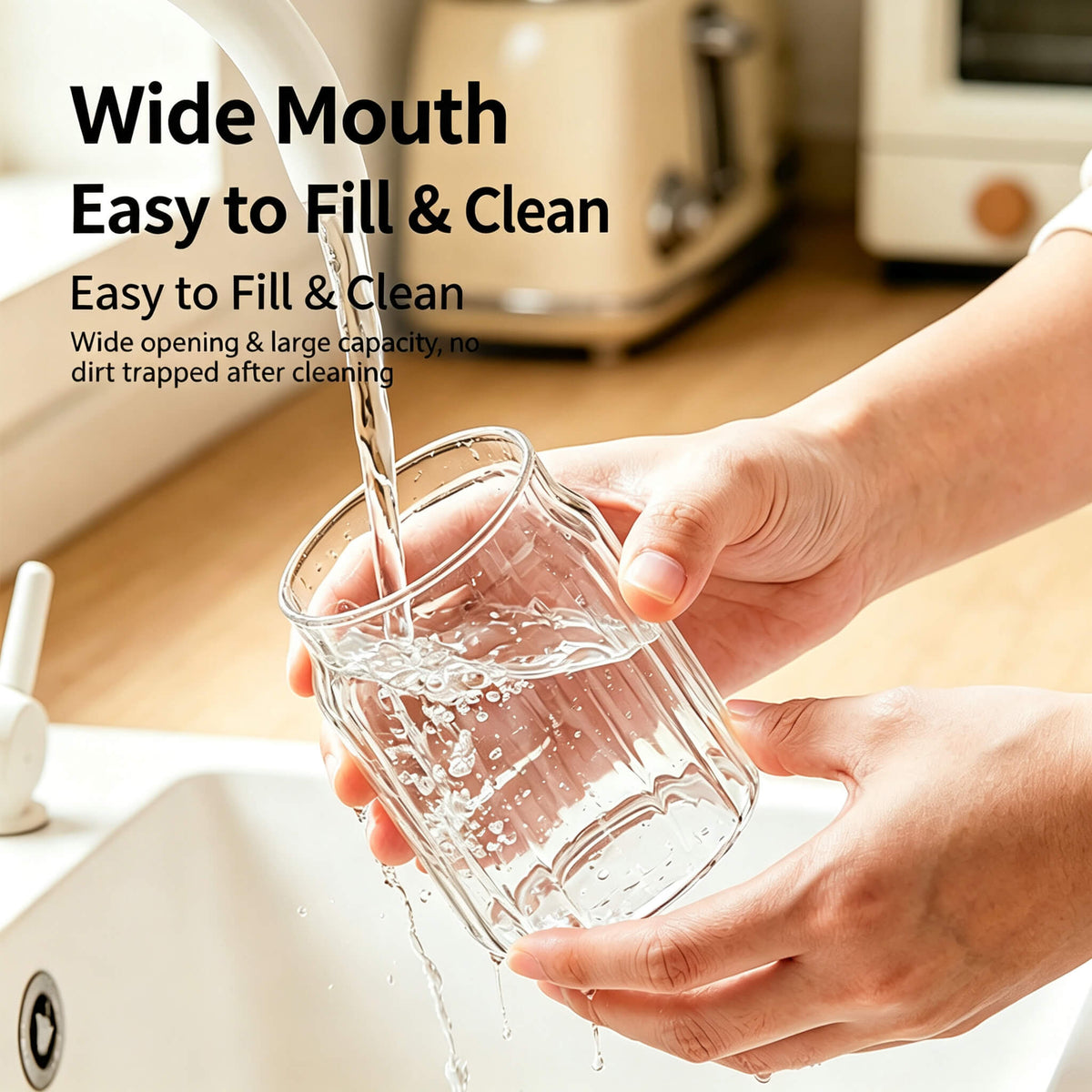 Hands washing wide-mouth ribbed glass jar under running water in kitchen sink.