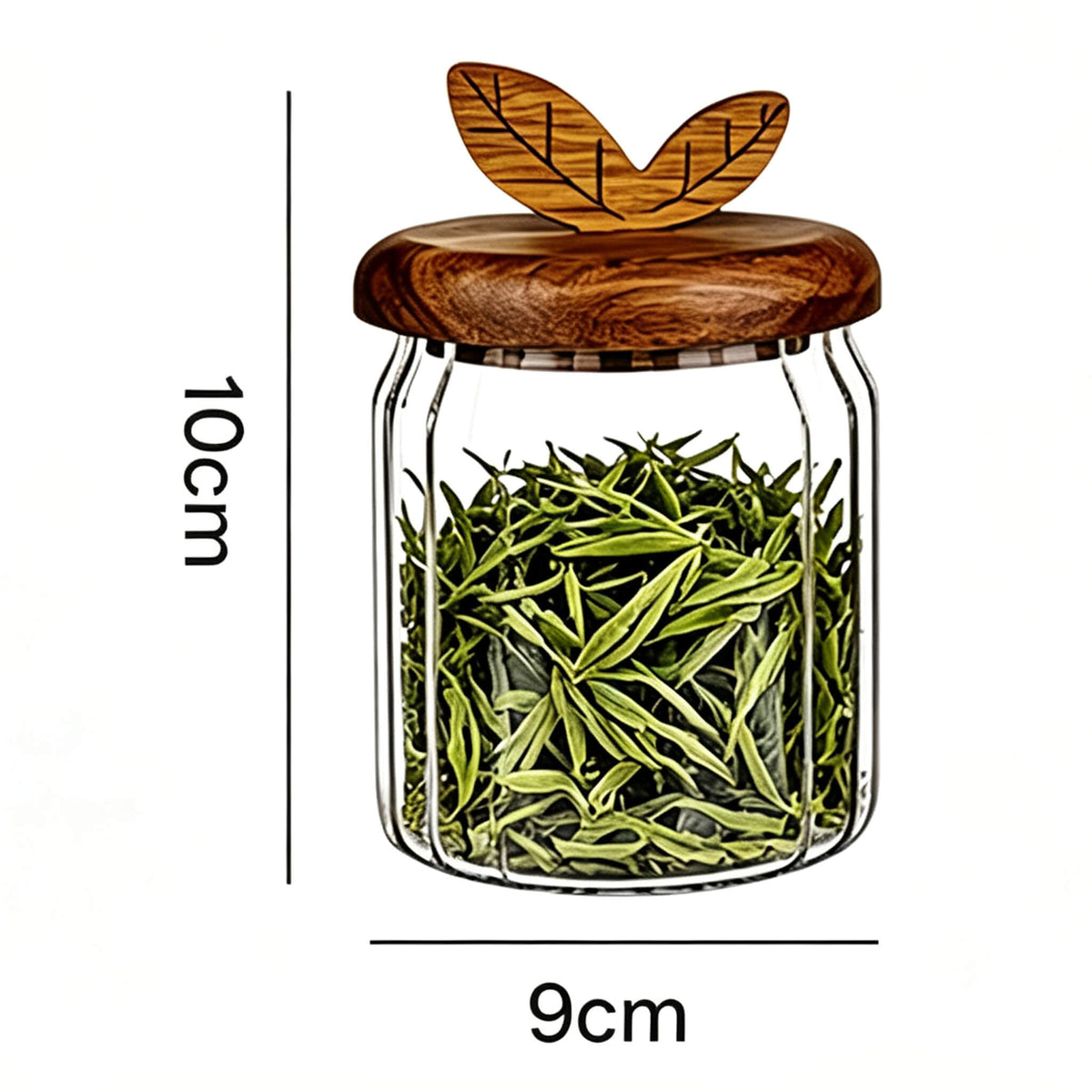 400ml ribbed glass jar with leaf handle wooden lid filled with green tea leaves showing 10cm height and 9cm width dimensions.