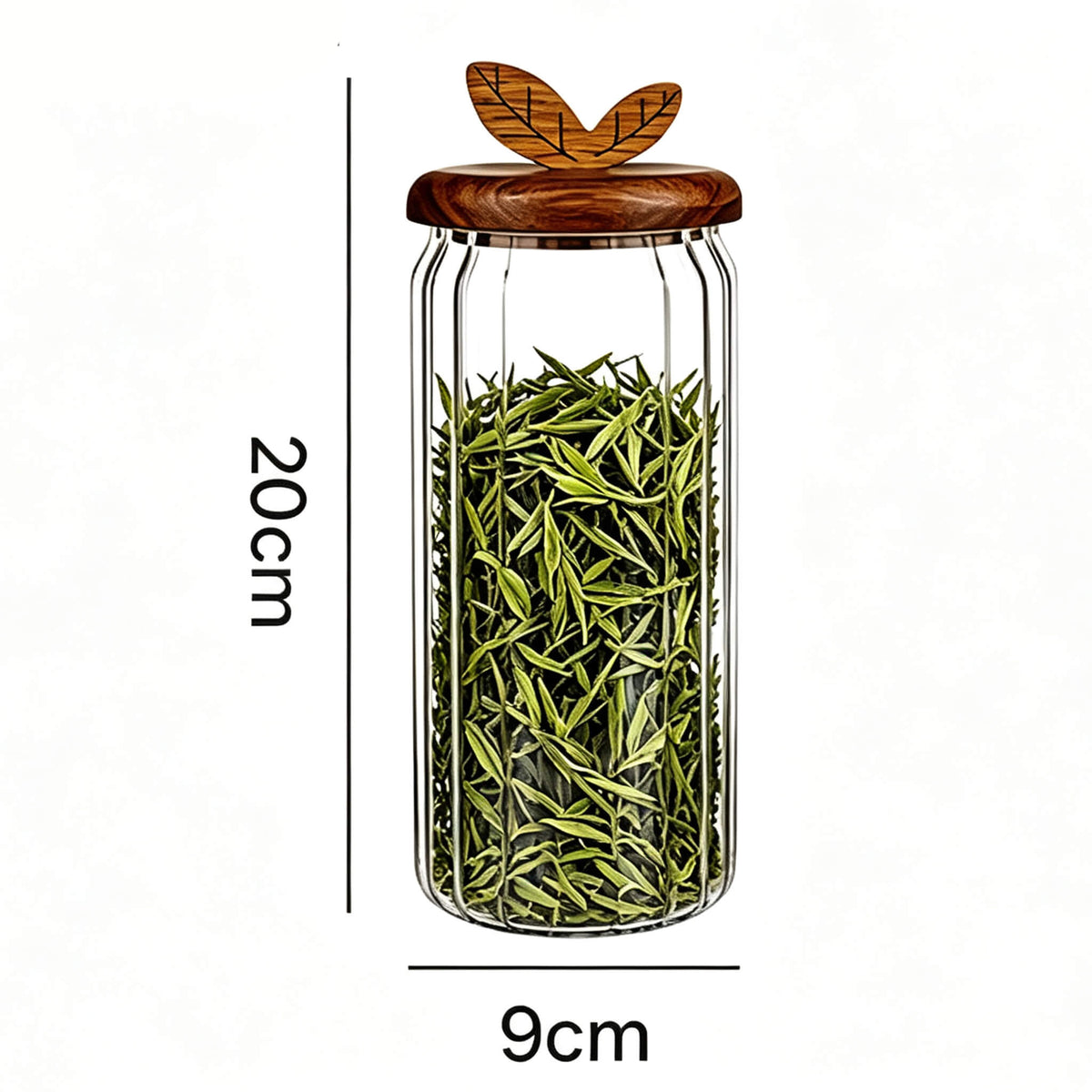 900ml ribbed glass jar with leaf handle wooden lid filled with green tea leaves showing 20cm height and 9cm width dimensions.