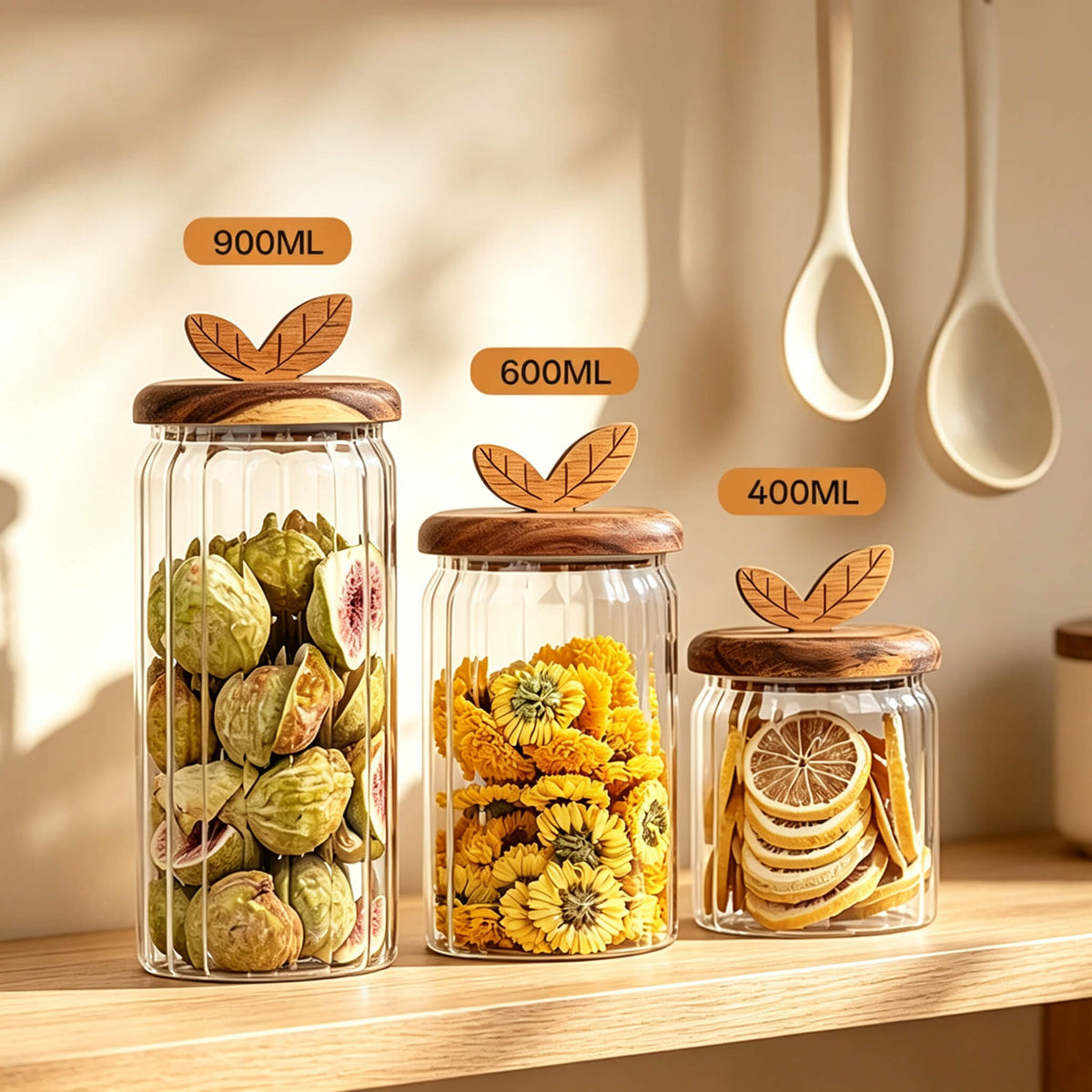 Hands lifting leaf handle lid from ribbed glass jar filled with yellow chrysanthemum tea.