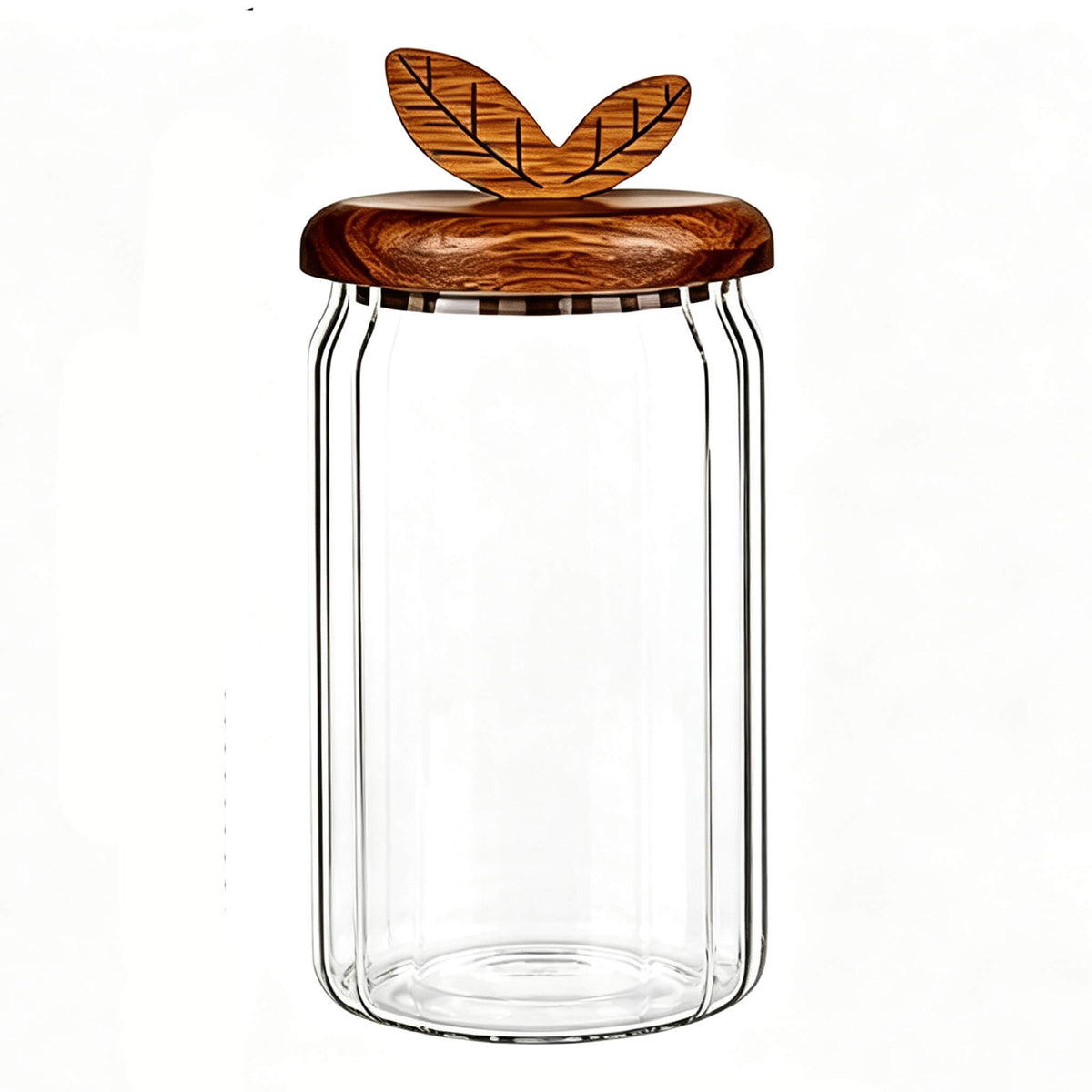 Clear ribbed glass jar with round wooden lid featuring carved double leaf handle.