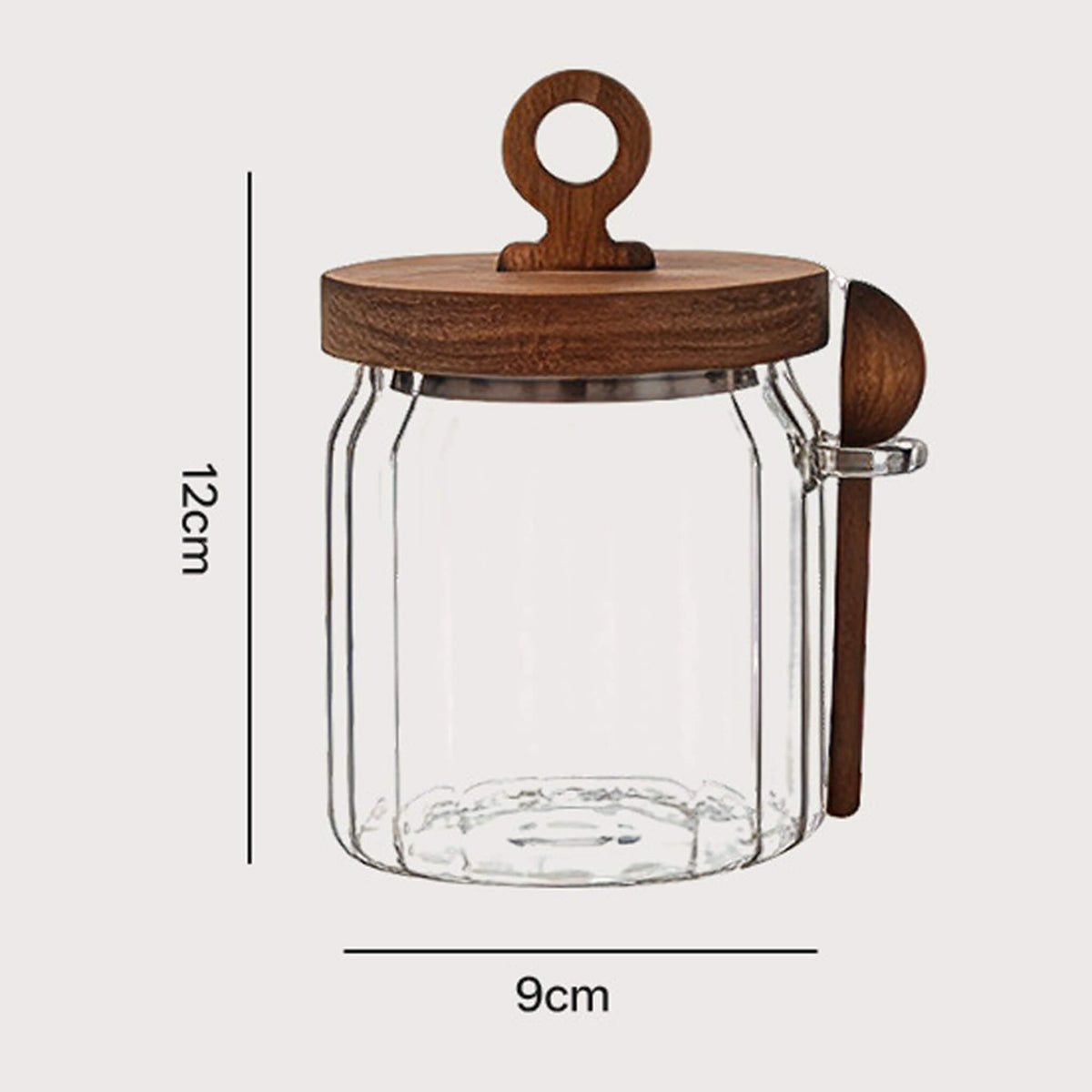 400ml ribbed glass jar with wooden lid and spoon showing 12cm height and 9cm width dimensions.