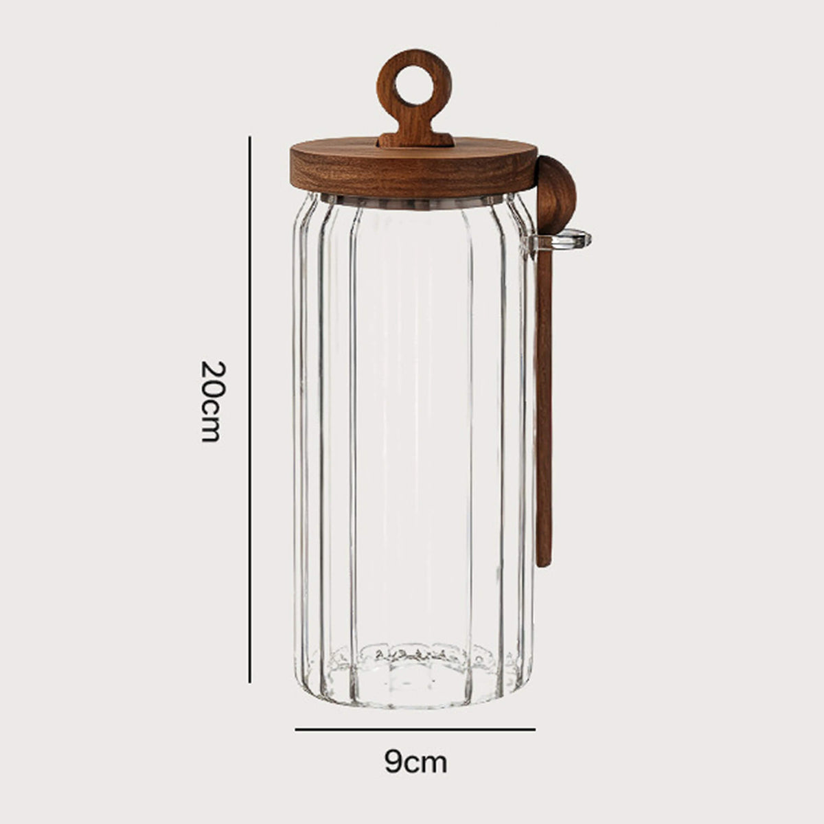 900ml ribbed glass jar with wooden lid and spoon showing 20cm height and 9cm width dimensions.
