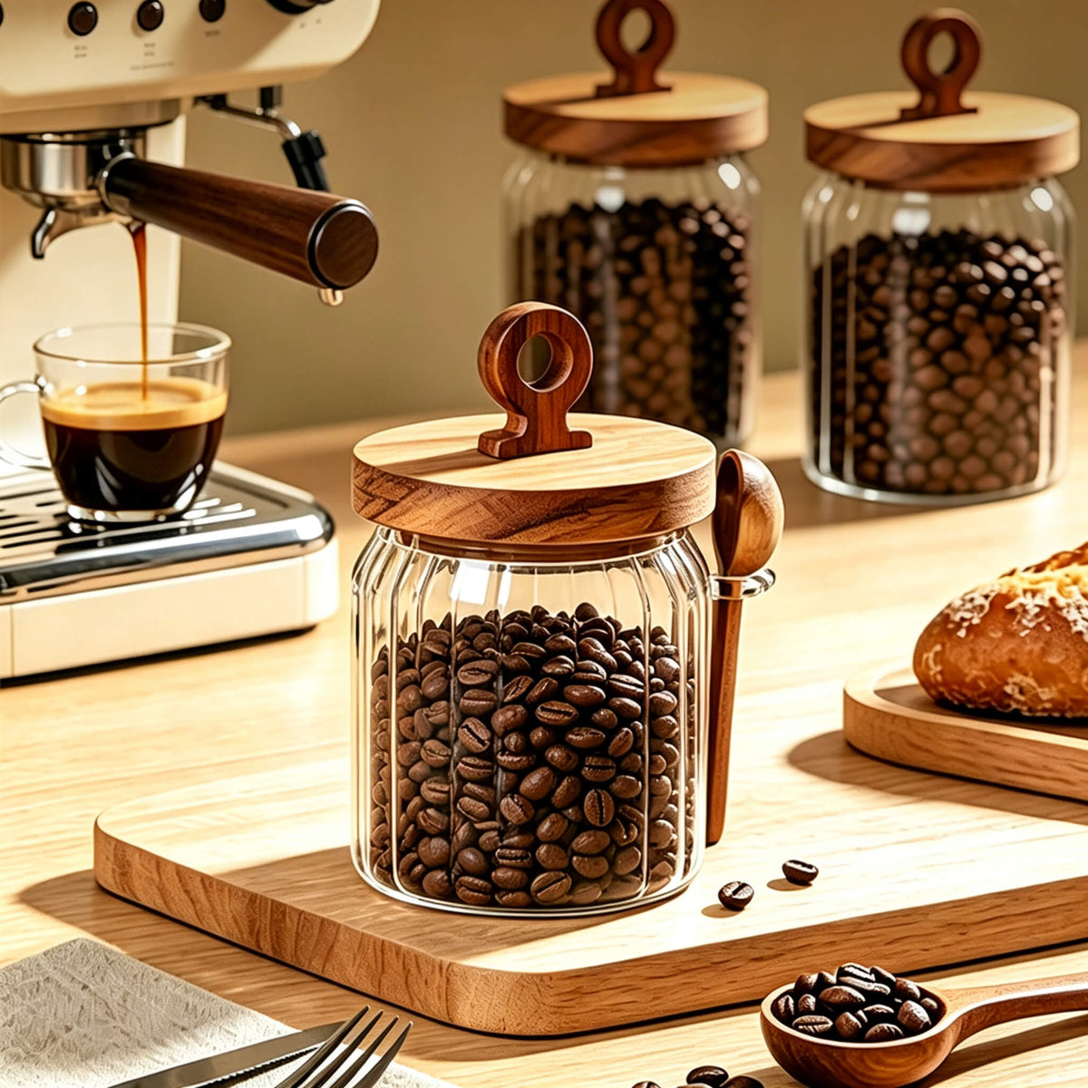 Ribbed glass jar filled with coffee beans on counter next to espresso machine.