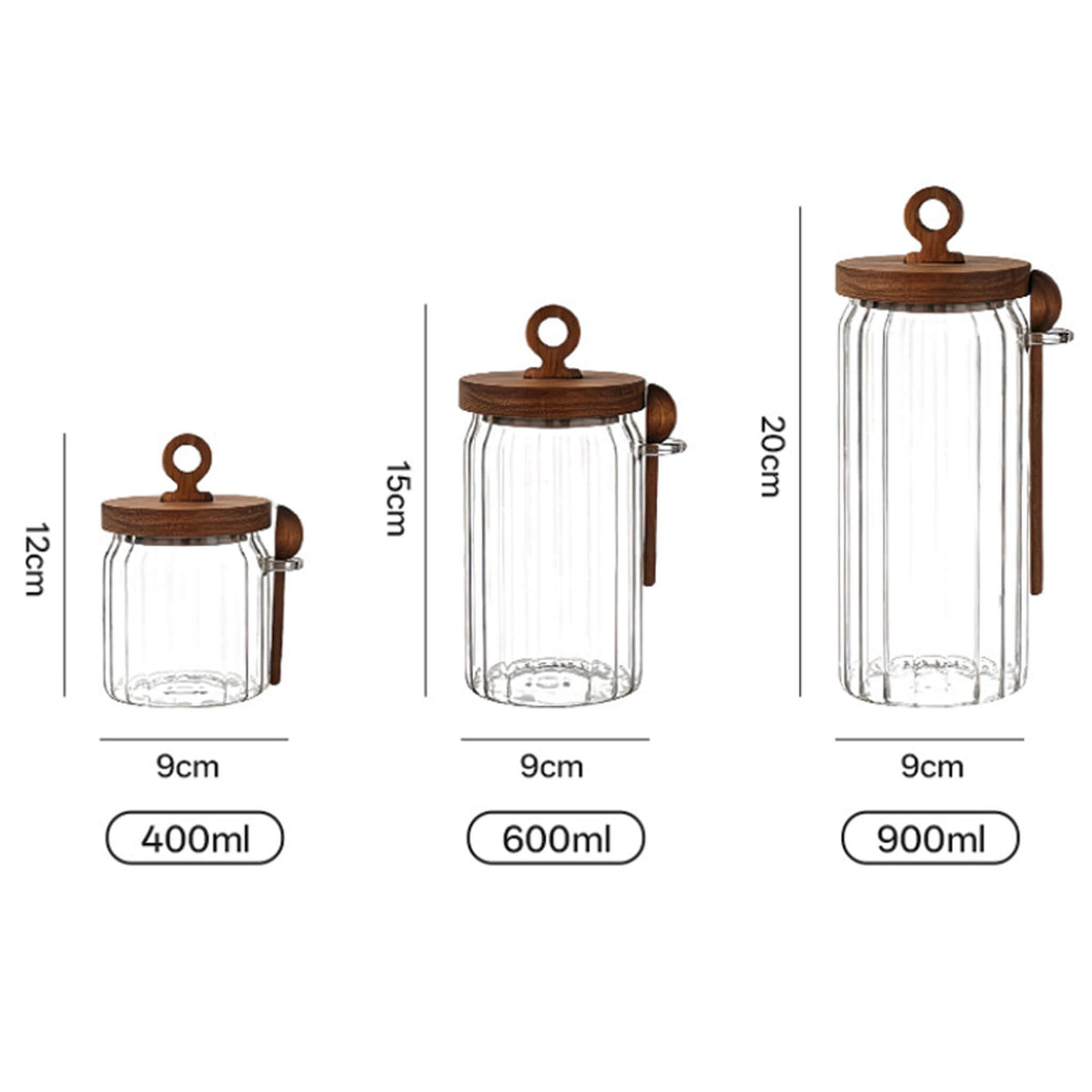 Three sizes of ribbed glass jars with wooden lids and spoons labeled 400ml, 600ml, and 900ml with dimensions.